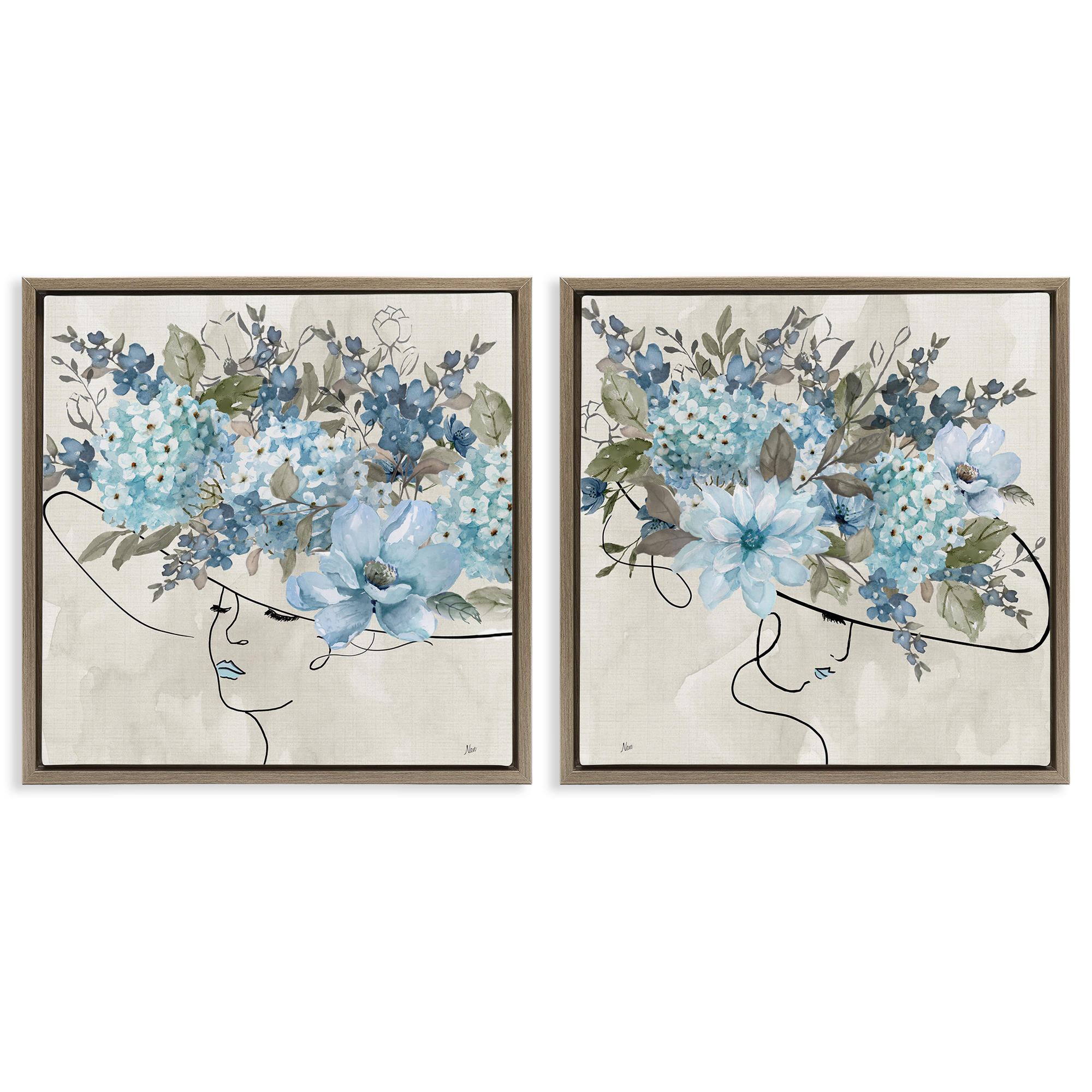 Stupell Industries Female Figure Floral Hat People Painting Brown Floater Framed Canvas Art Print Wall Art, 18 x 18, Set of 2