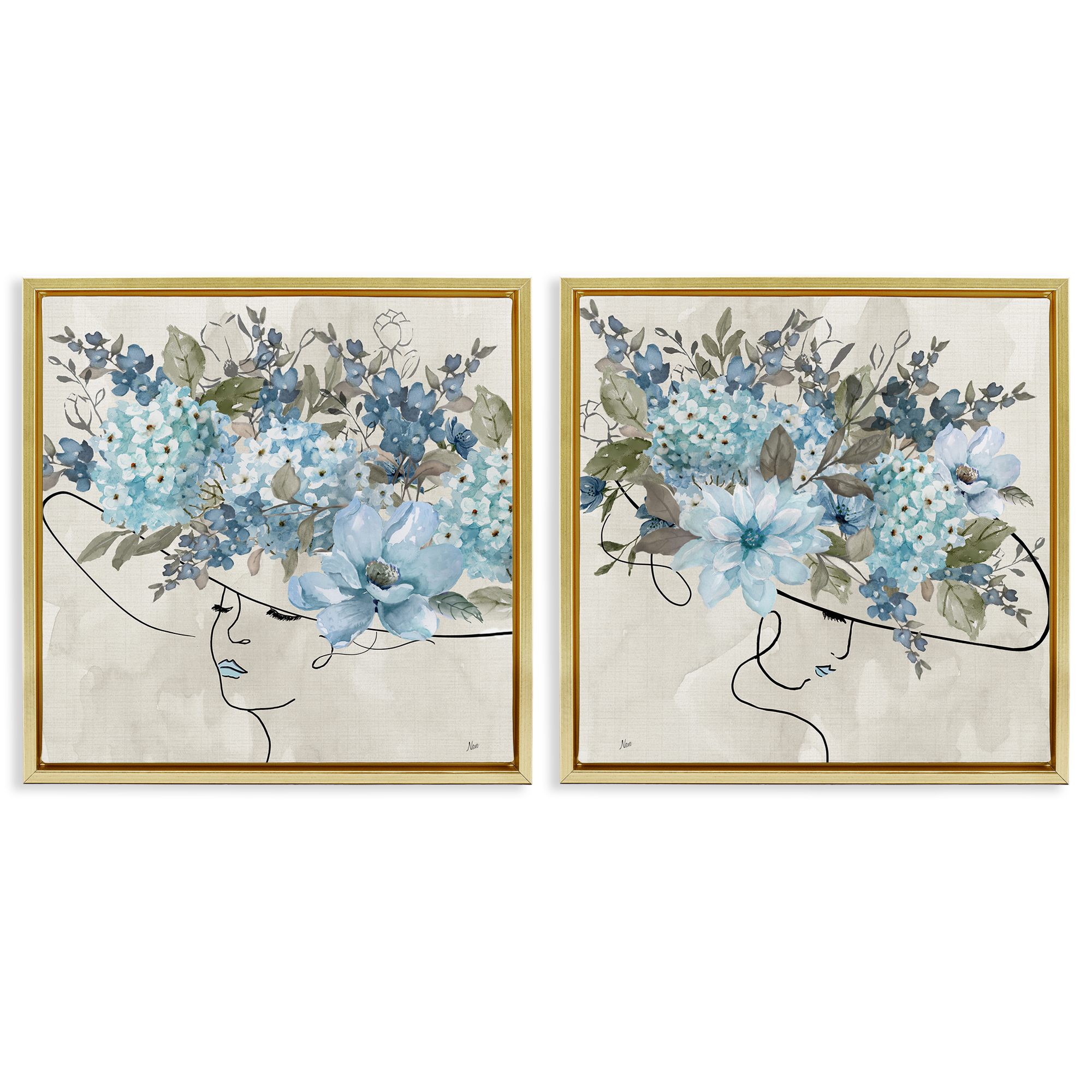 Stupell Industries Female Figure Floral Hat People Painting Gold Floater Framed Canvas Art Print Wall Art, 18 x 18, Set of 2