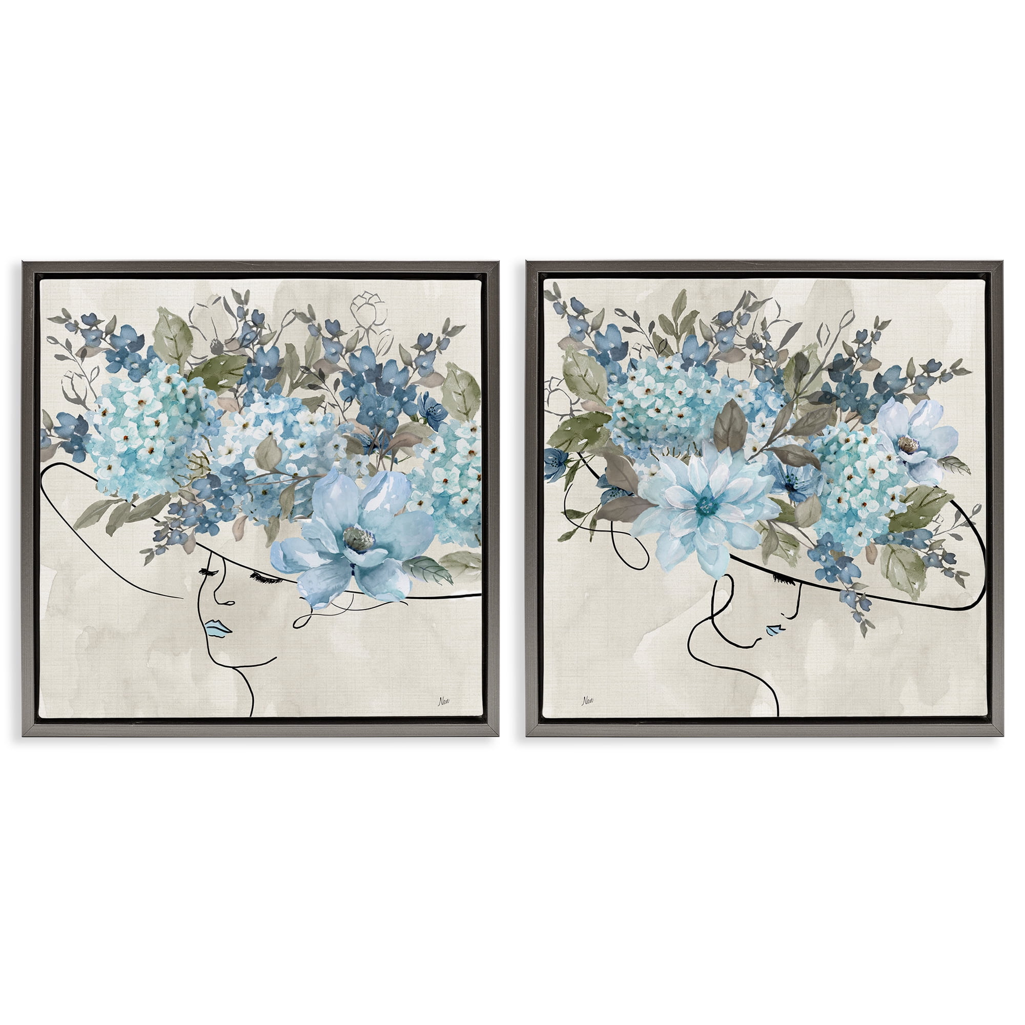 Stupell Industries Female Figure Floral Hat People Painting Gray Floater Framed Canvas Art Print Wall Art, 25 x 25, Set of 2