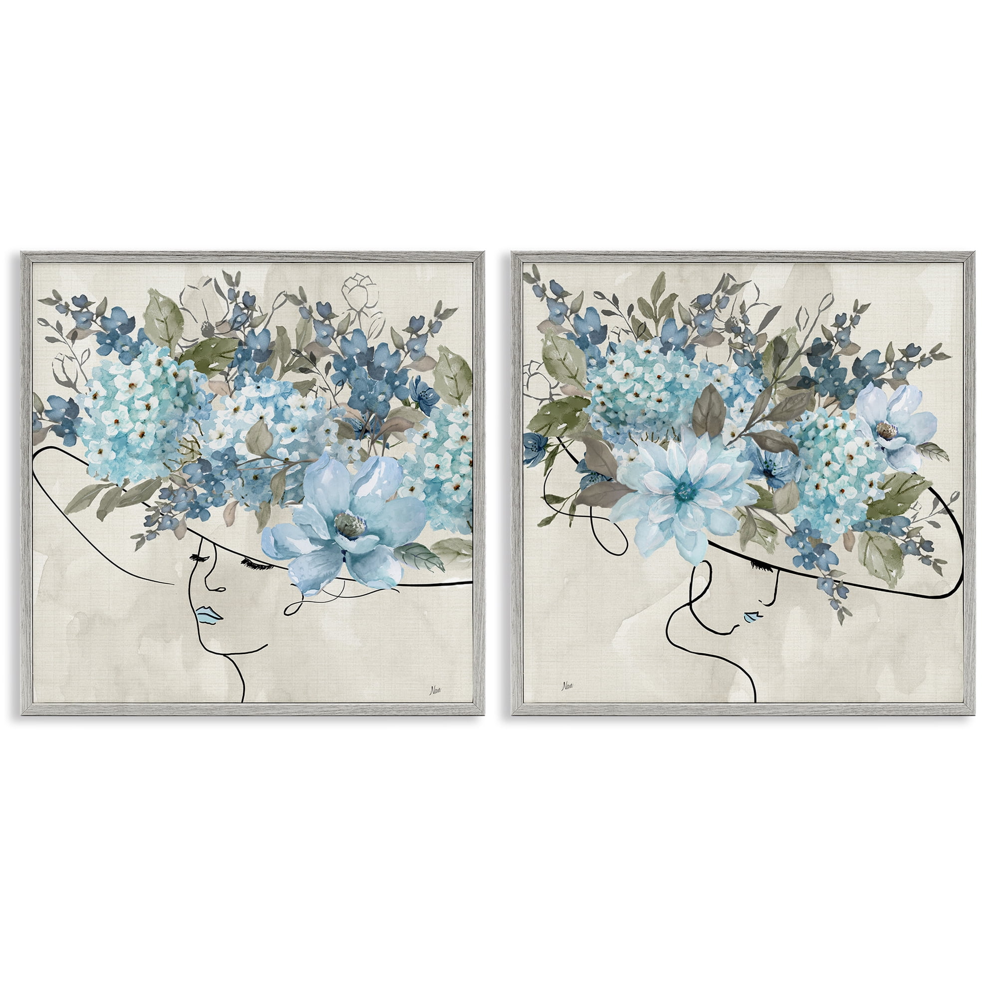 Stupell Industries Female Figure Floral Hat People Painting Gray Framed Art Print Wall Art, 17 x 17, Set of 2