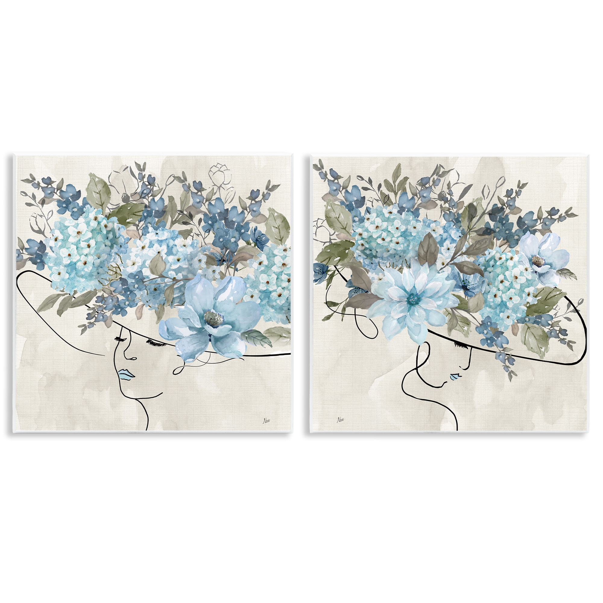 Stupell Industries Female Figure Floral Hat People Painting Unframed Art Print Wall Art, 12 x 12, Set of 2