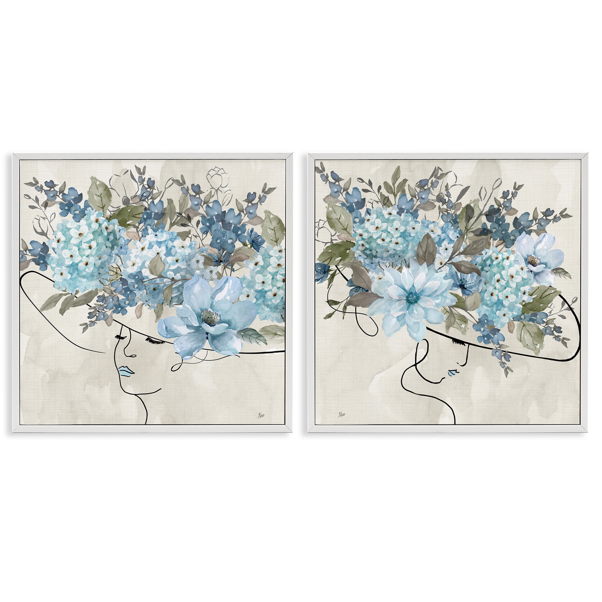 Stupell Industries Female Figure Floral Hat People Painting White Framed Art Print Wall Art, 12 x 12, Set of 2