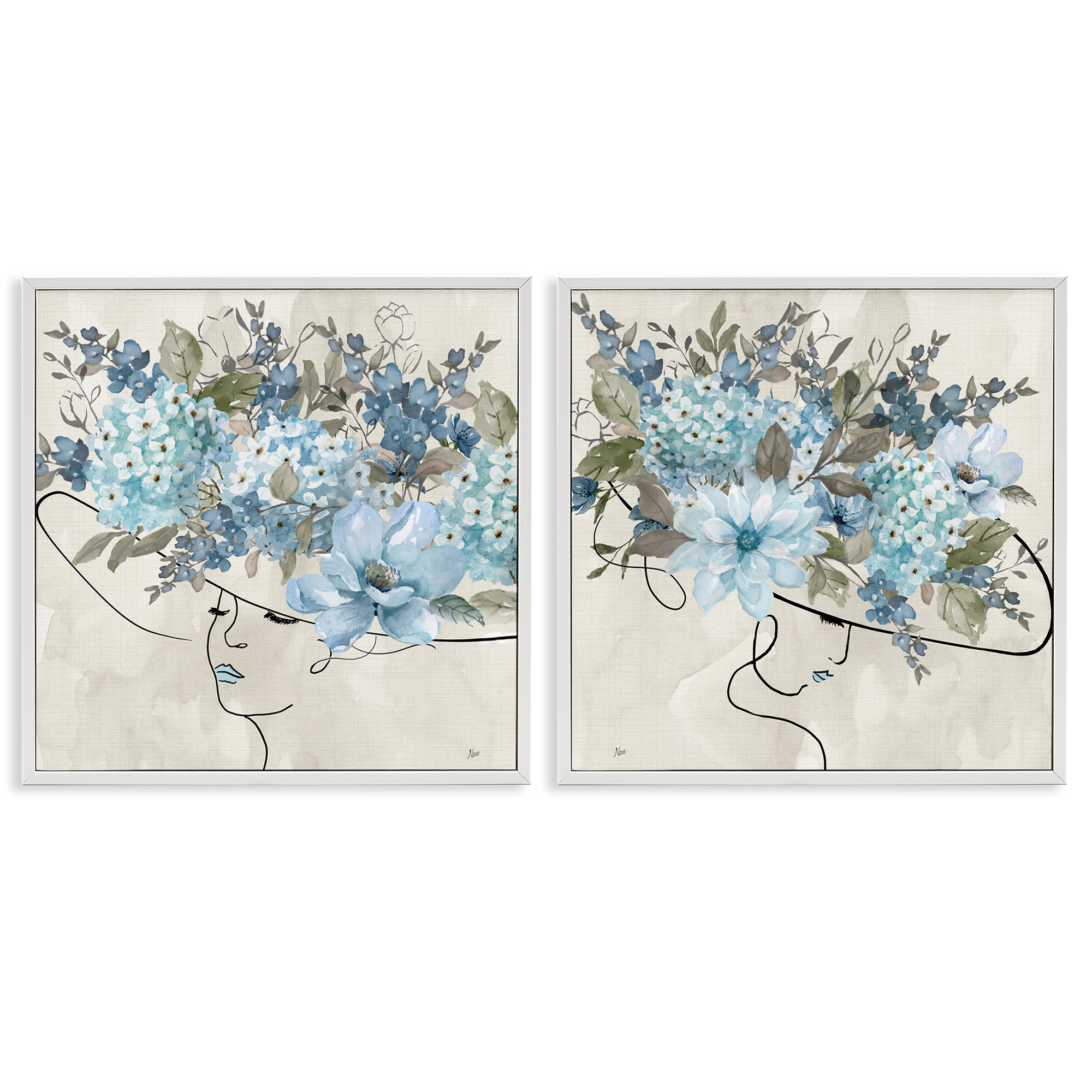 Stupell Industries Female Figure Floral Hat People Painting White Framed Art Print Wall Art, 24 x 24, Set of 2
