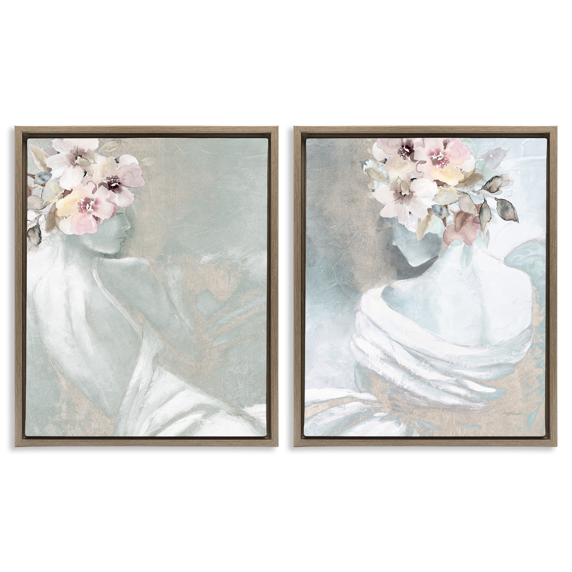 Stupell Industries Female Figure Floral Pose People Painting Brown Floater Framed Canvas Art Print Wall Art, 31 x 25, Set of 2