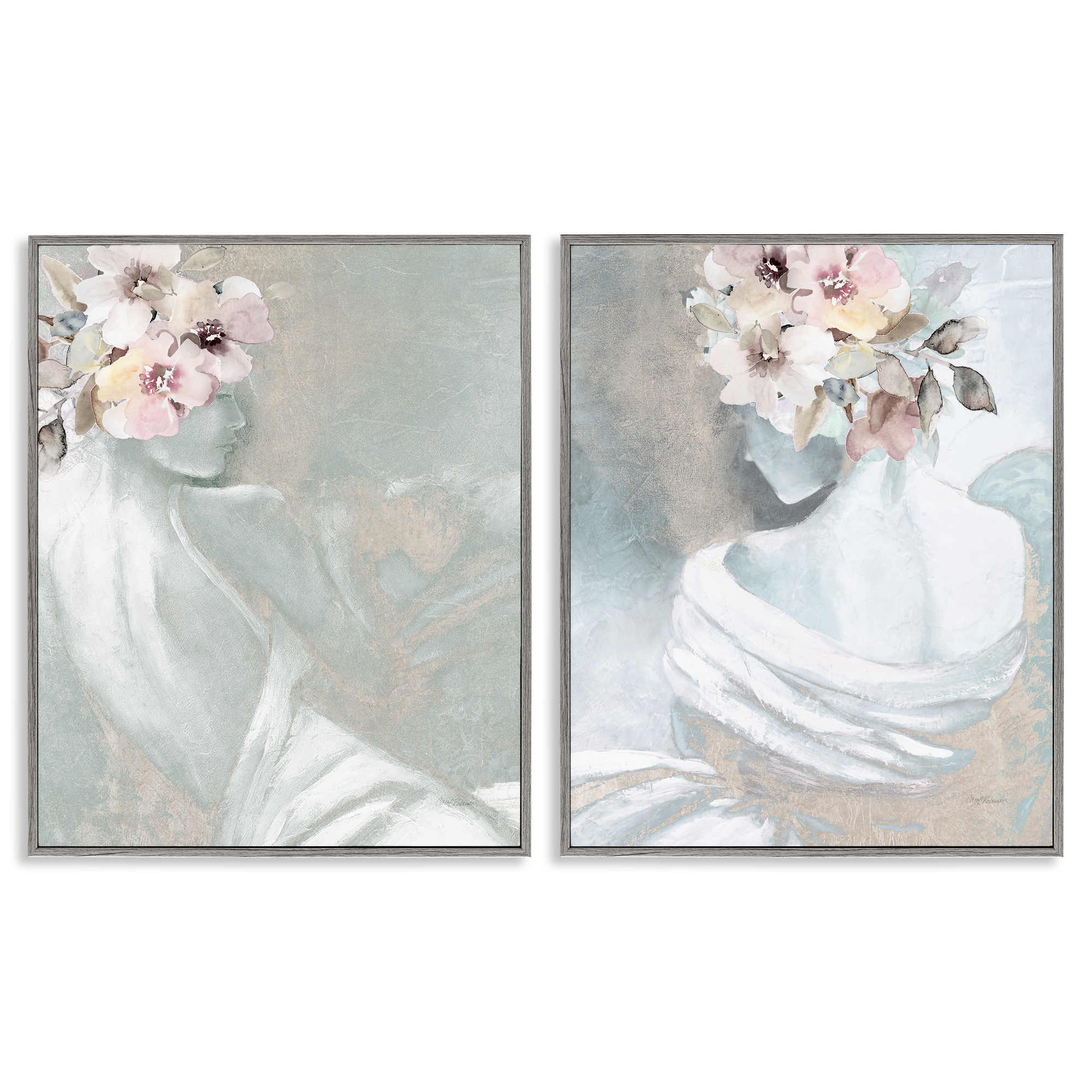 Stupell Industries Female Figure Floral Pose People Painting Gray Framed Art Print Wall Art, 16 x 20, Set of 2