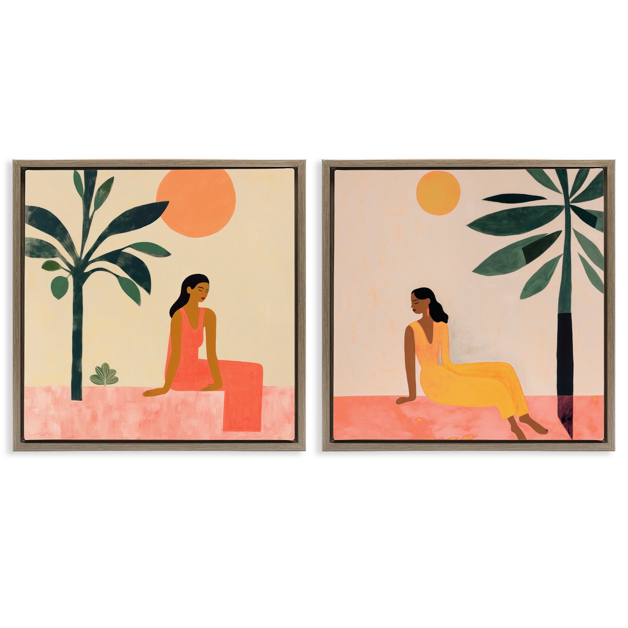 Stupell Industries Female Figure Resting Outdoors People Painting Brown Floater Framed Canvas Art Print Wall Art, 18 x 18, Set of 2