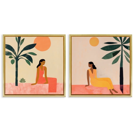 Stupell Industries Female Figure Resting Outdoors People Painting Gold Floater Framed Canvas Art Print Wall Art, 18 x 18, Set of 2