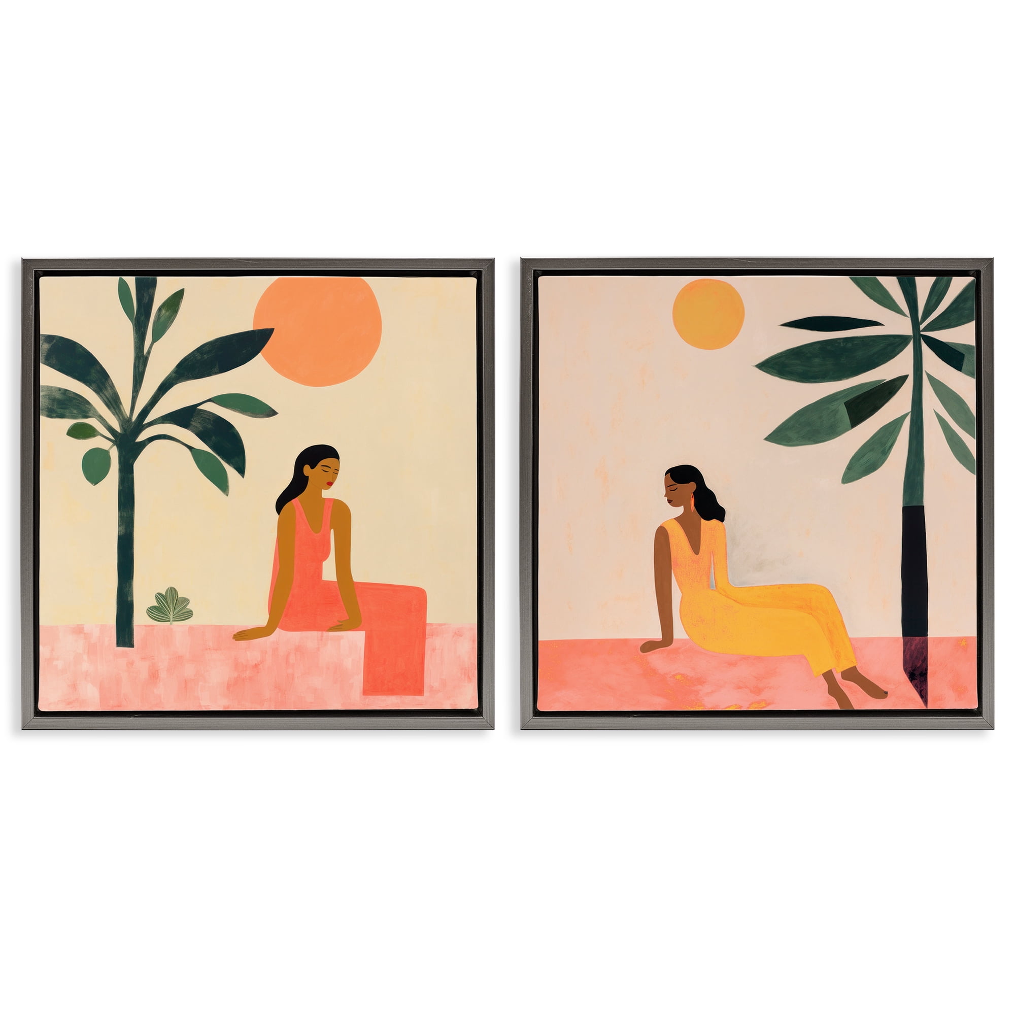 Stupell Industries Female Figure Resting Outdoors People Painting Gray Floater Framed Canvas Art Print Wall Art, 18 x 18, Set of 2