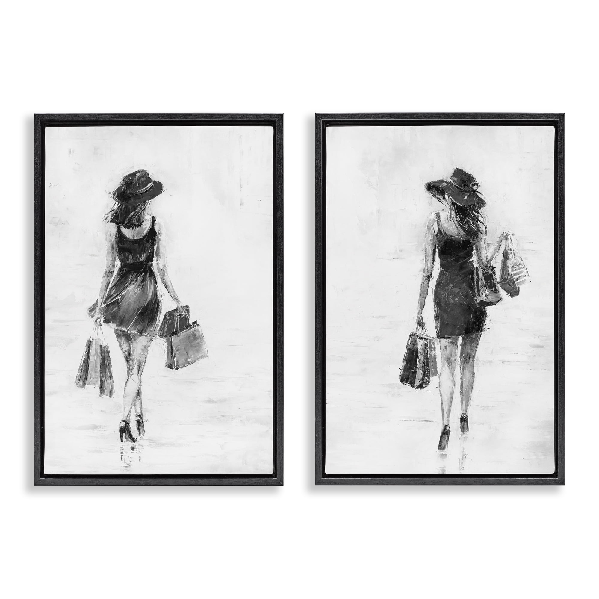Stupell Industries Female Figures Shopping Bags People Painting Black Floater Framed Canvas Art Print Wall Art, 21 x 31, Set of 2