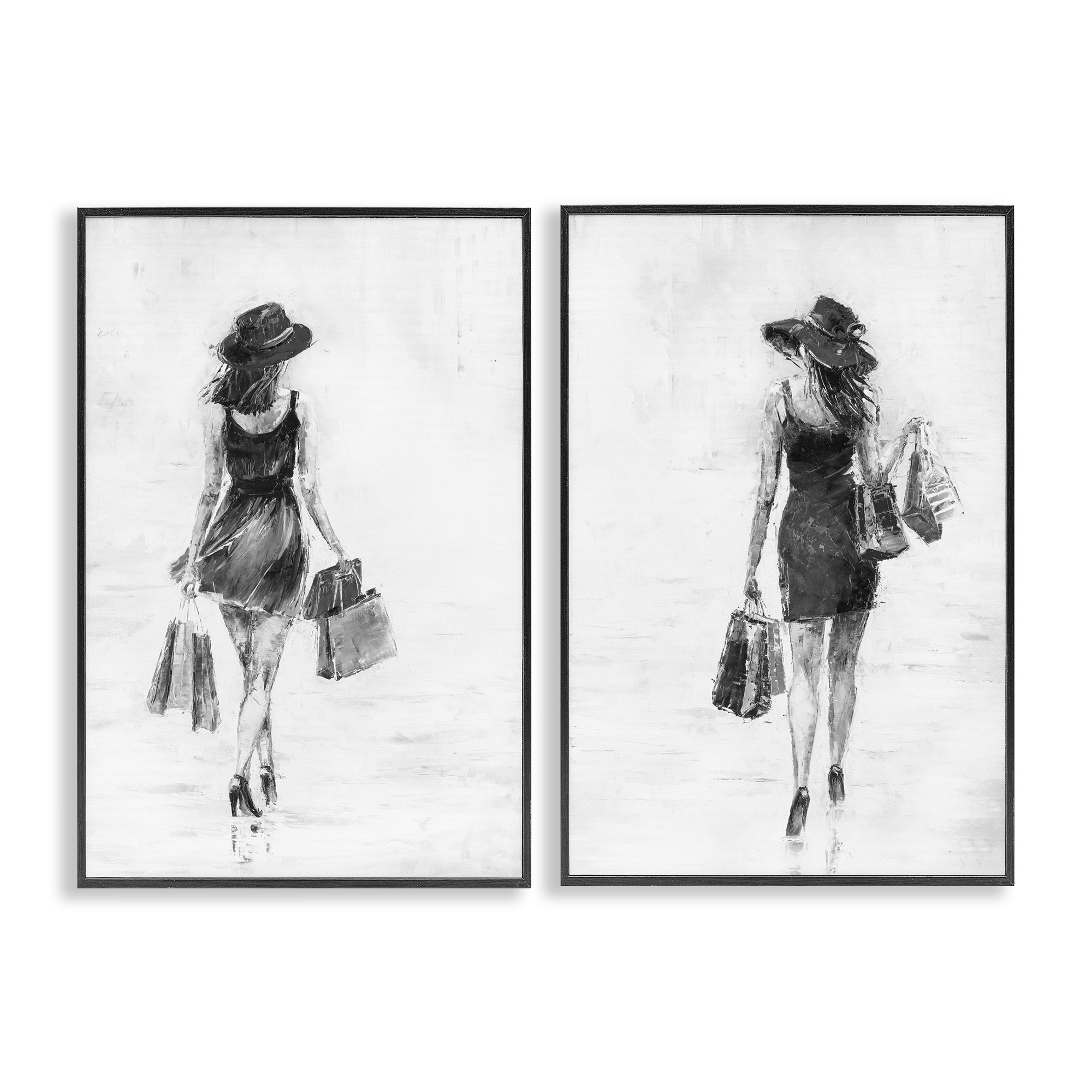 Stupell Industries Female Figures Shopping Bags People Painting Black Framed Art Print Wall Art, 12 x 18, Set of 2
