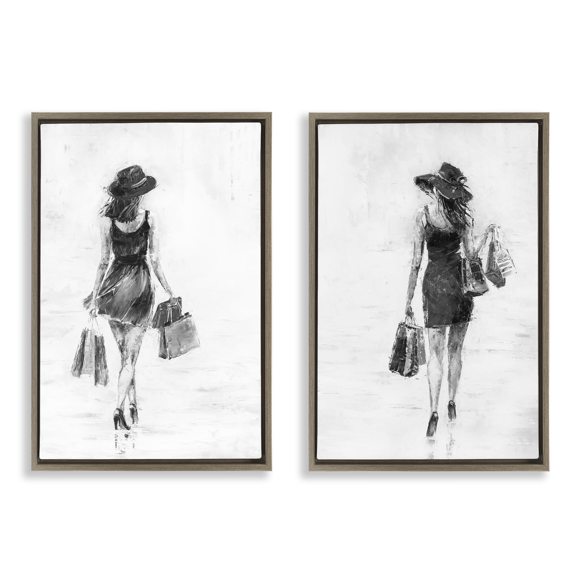 Stupell Industries Female Figures Shopping Bags People Painting Brown Floater Framed Canvas Art Print Wall Art, 21 x 31, Set of 2