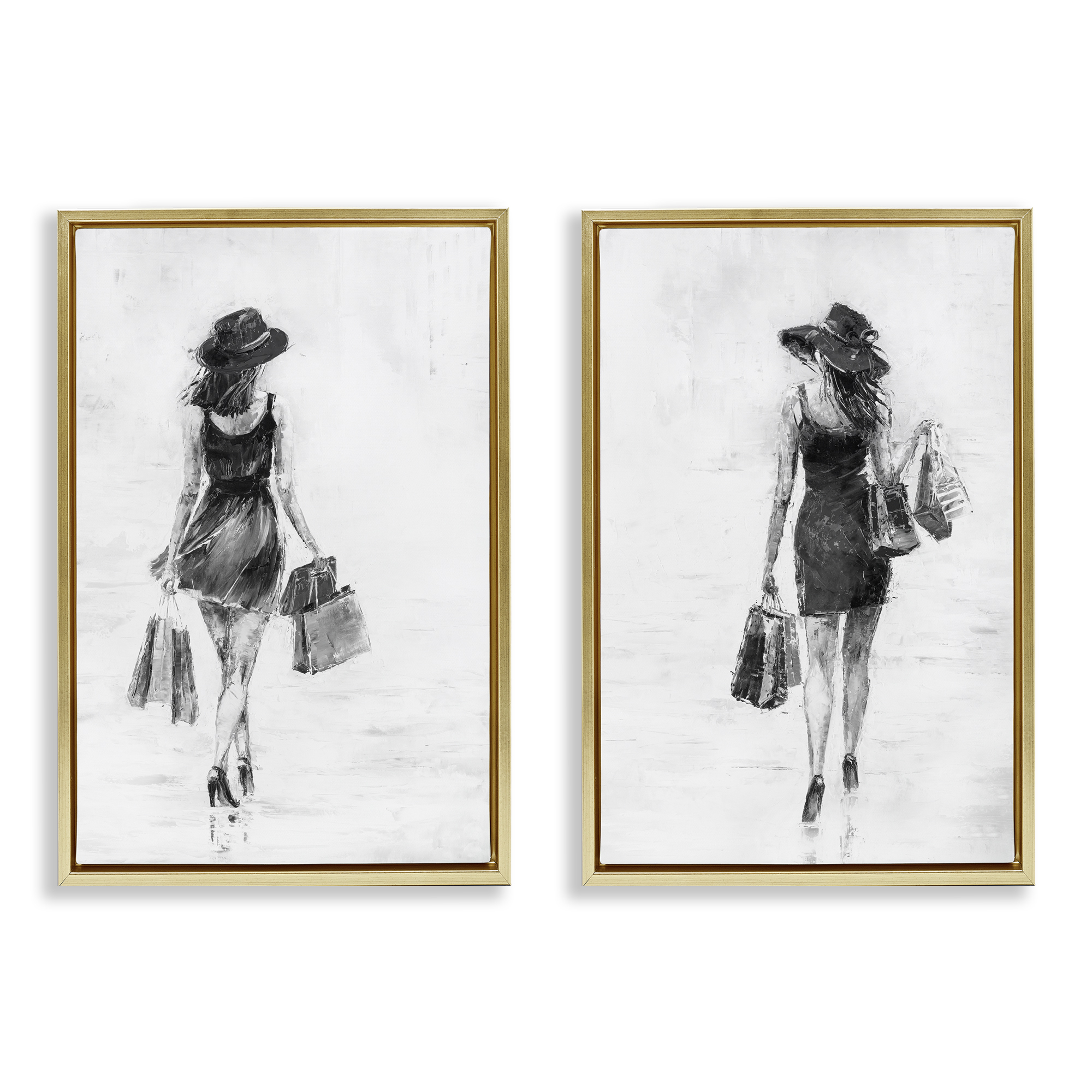 Stupell Industries Female Figures Shopping Bags People Painting Gold Floater Framed Canvas Art Print Wall Art, 17 x 25, Set of 2