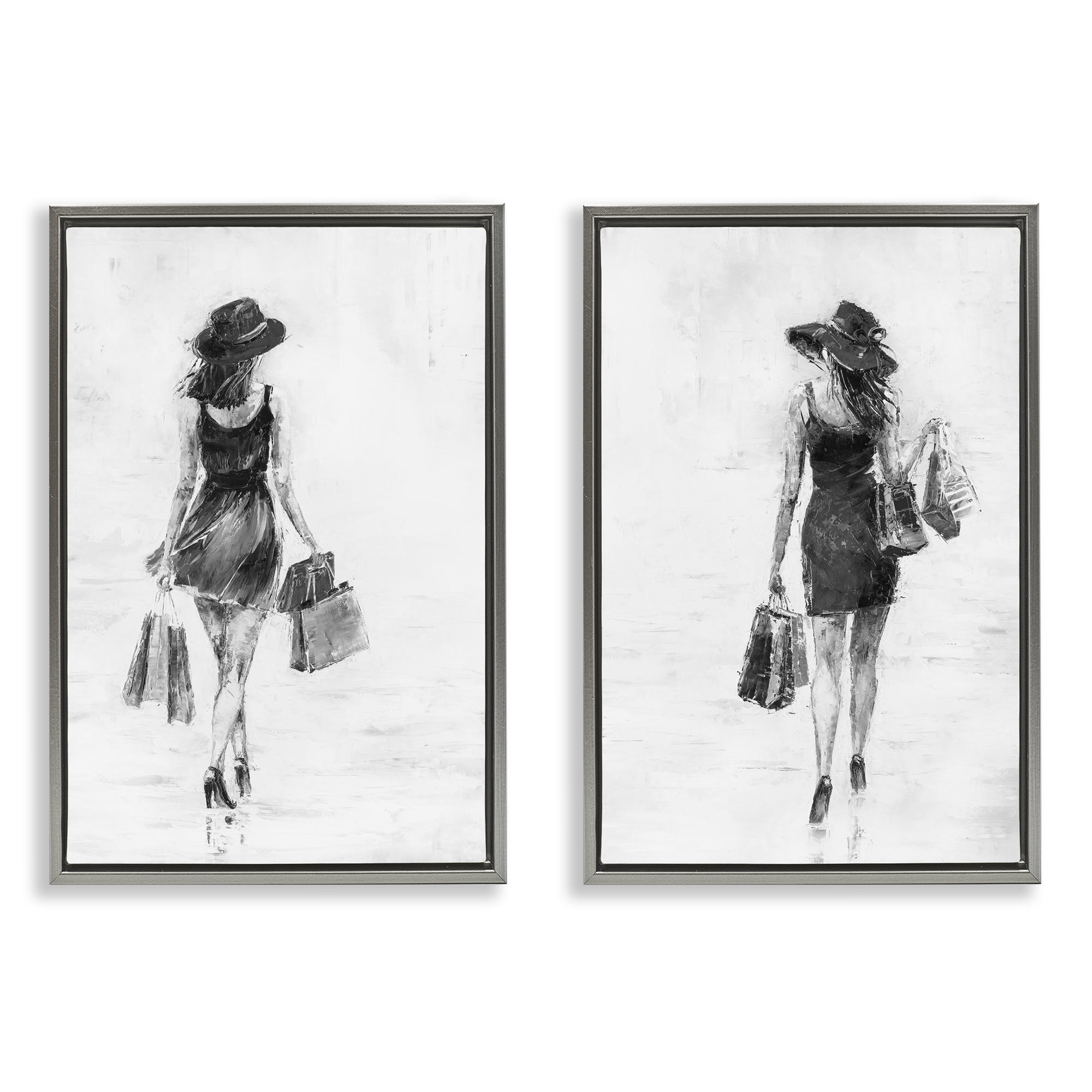 Stupell Industries Female Figures Shopping Bags People Painting Gray Floater Framed Canvas Art Print Wall Art, 17 x 25, Set of 2