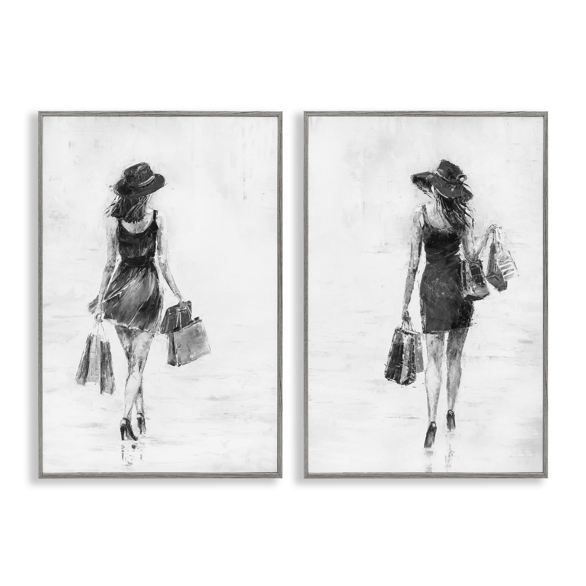 Stupell Industries Female Figures Shopping Bags People Painting Gray Framed Art Print Wall Art, 20 x 30, Set of 2
