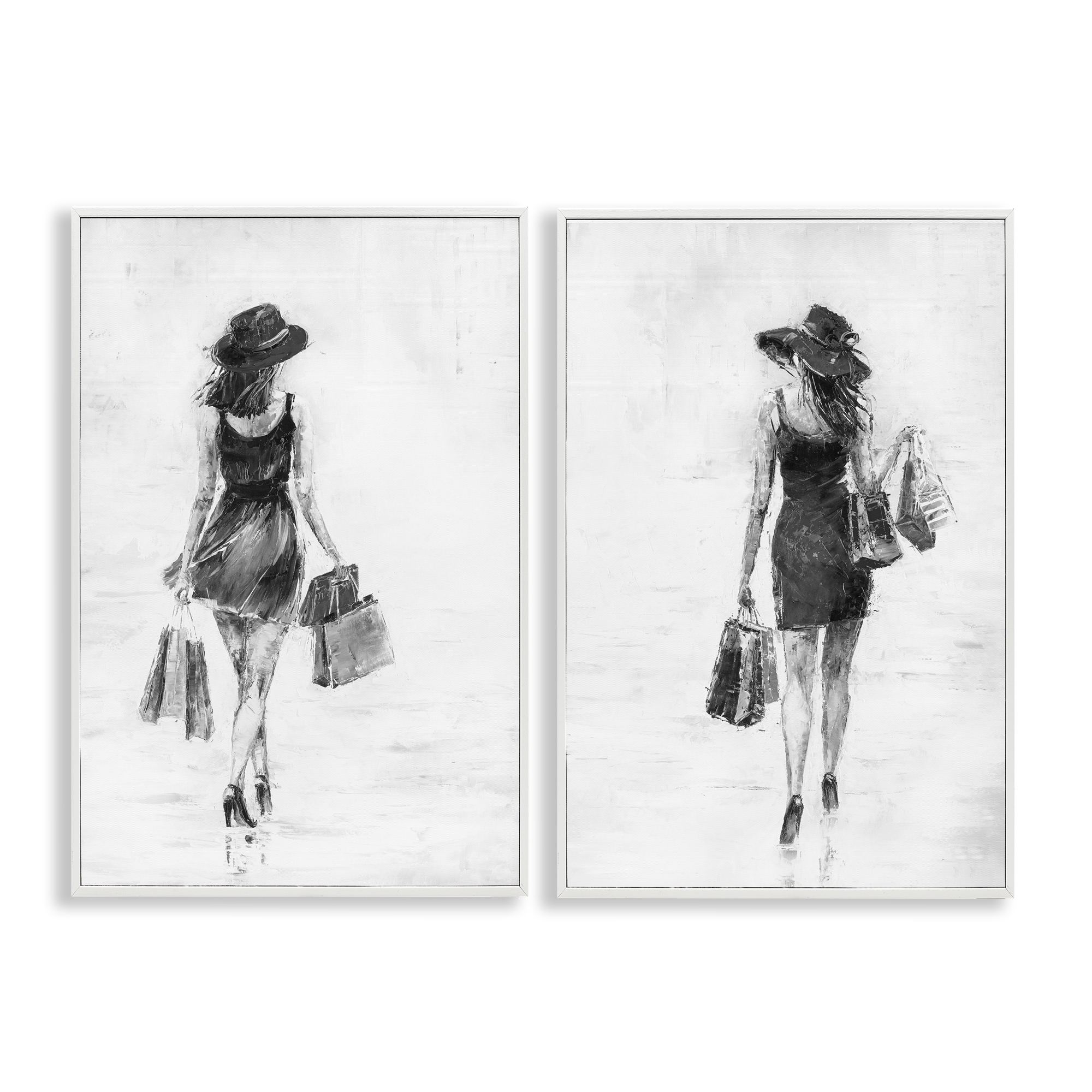 Stupell Industries Female Figures Shopping Bags People Painting White Framed Art Print Wall Art, 12 x 18, Set of 2