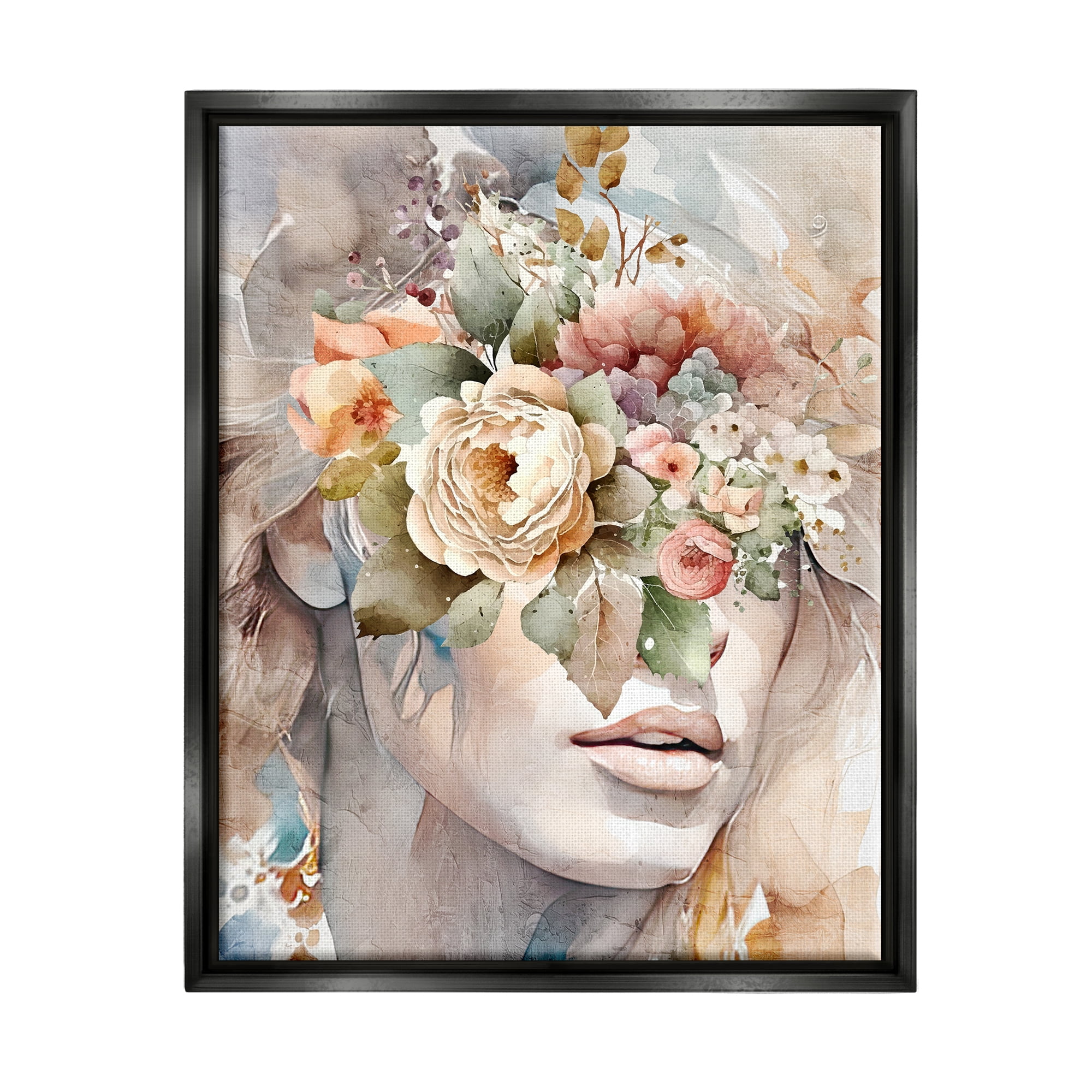 Stupell Industries Female Floral Abstraction Botanical & Floral Painting Black Floater Framed Canvas Art Print Wall Art, 17 x 21