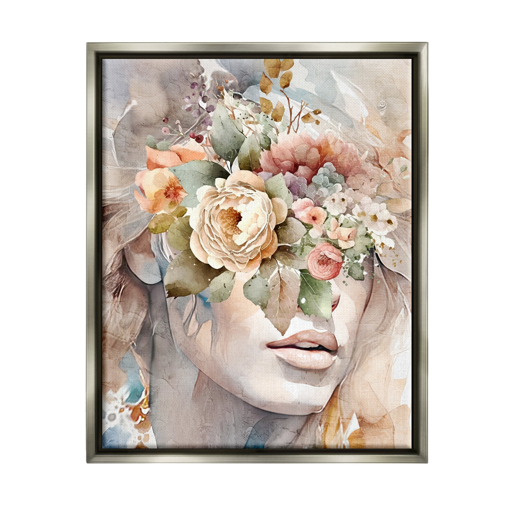 Stupell Industries Female Floral Abstraction Botanical & Floral Painting Gray Floater Framed Canvas Art Print Wall Art, 25 x 31