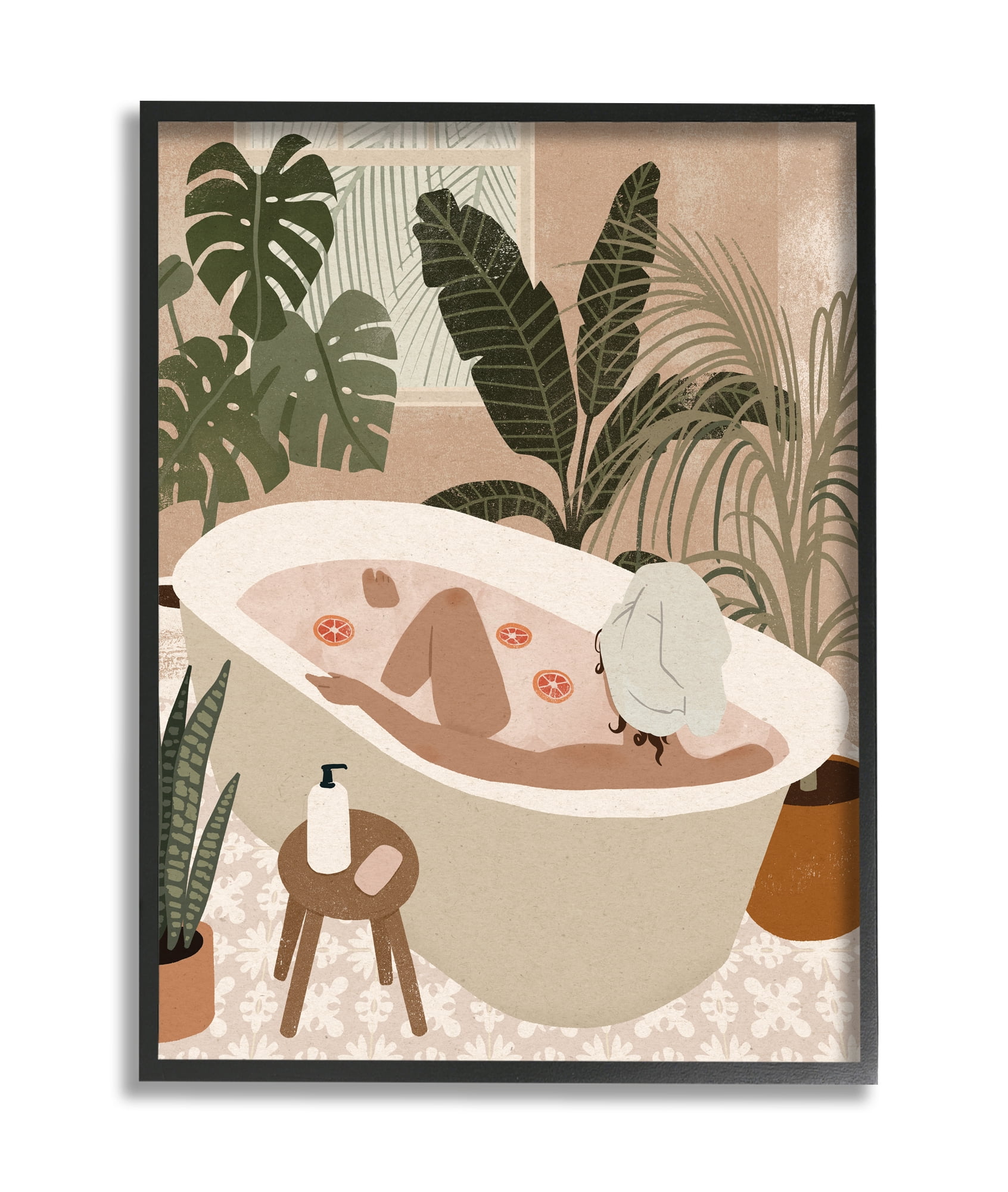 Tropical Palm Plants Bath Scene Black Framed Canvas Print, 11 x 14