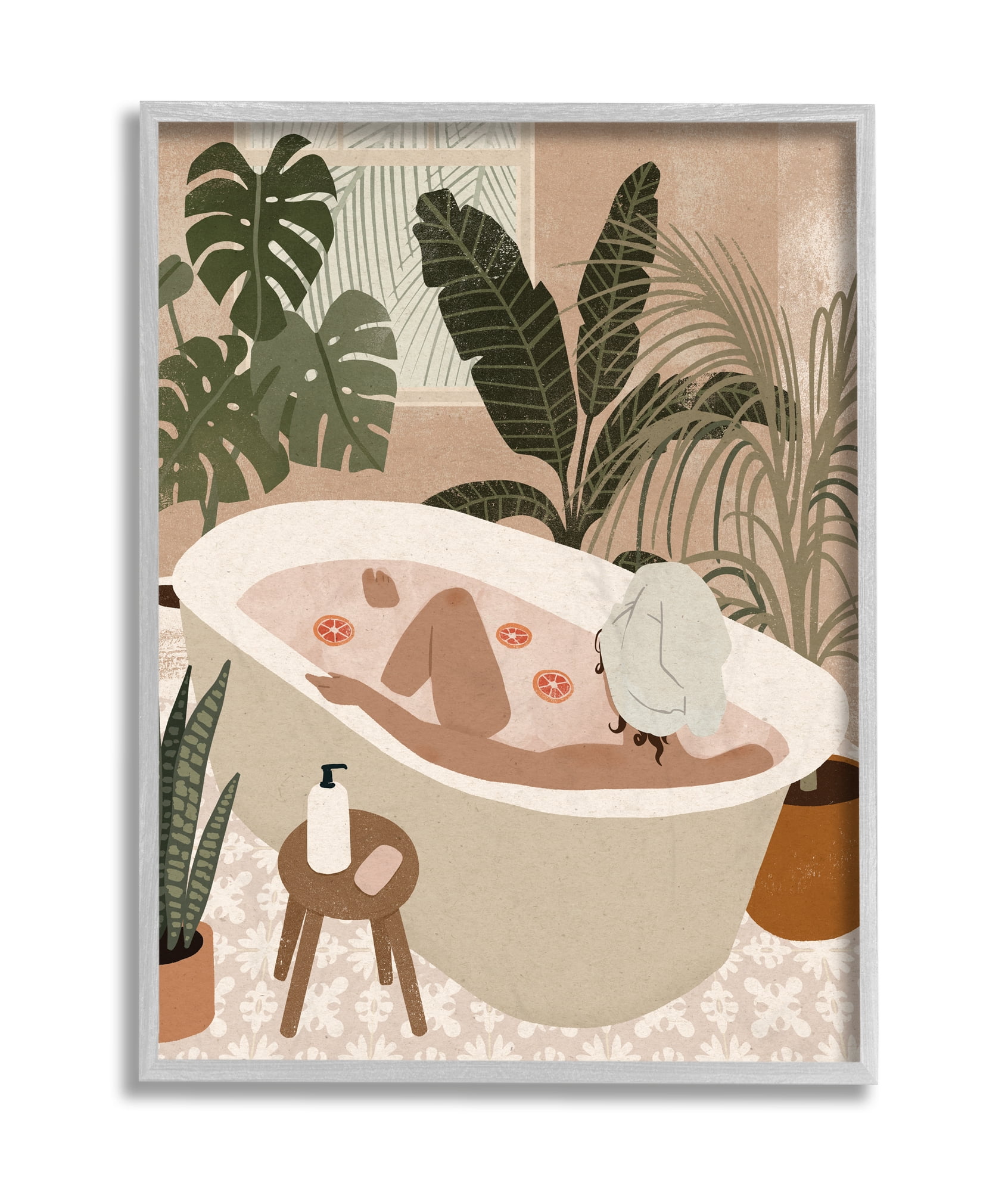 Stupell Industries Female Fruit Bath Tropical Palm Plants Grey Framed, 16 x 20, Design by Victoria Barnes