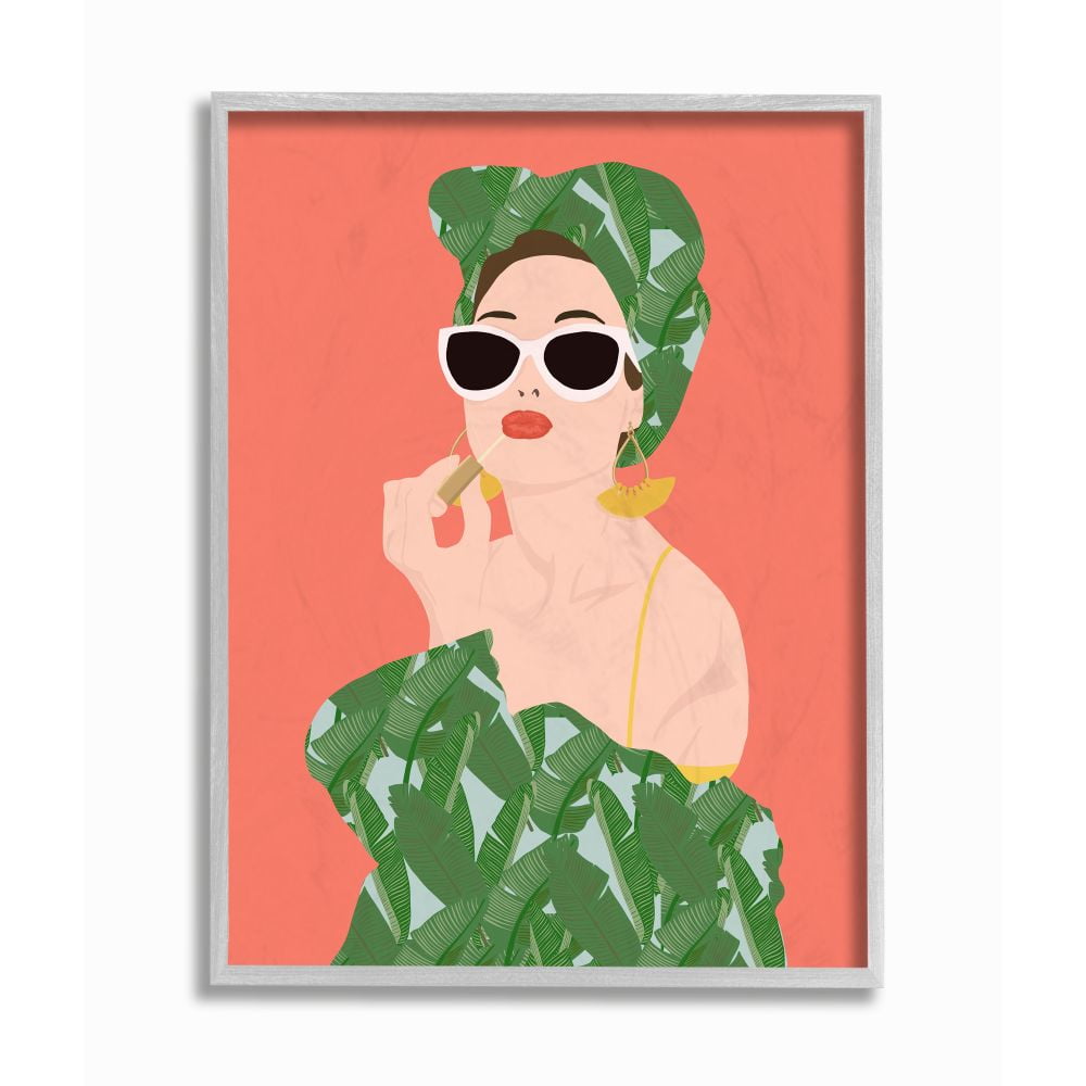 Glamorous Tropical Fashion Wall Art on Canvas with Gray Frame