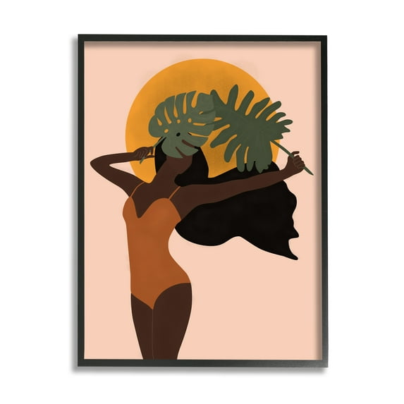 Stupell Industries Female Holding Tropical Monstera Leaf under Sun Graphic Art Black Framed Art Print Wall Art, 16x20, by JJ Design House LLC