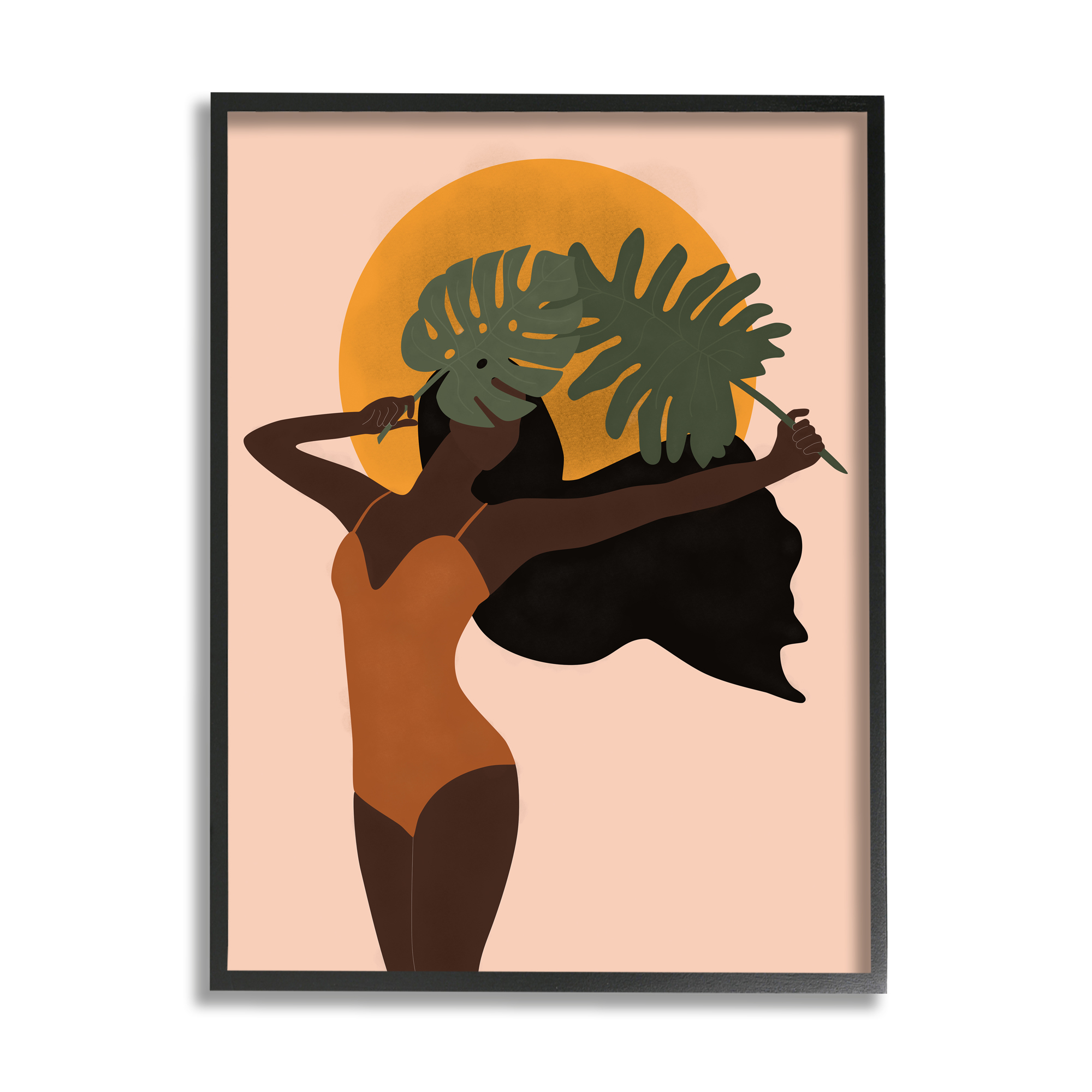 Stupell Industries Female Holding Tropical Monstera Leaf under Sun Graphic Art Black Framed Art Print Wall Art, 24x30, by JJ Design House LLC