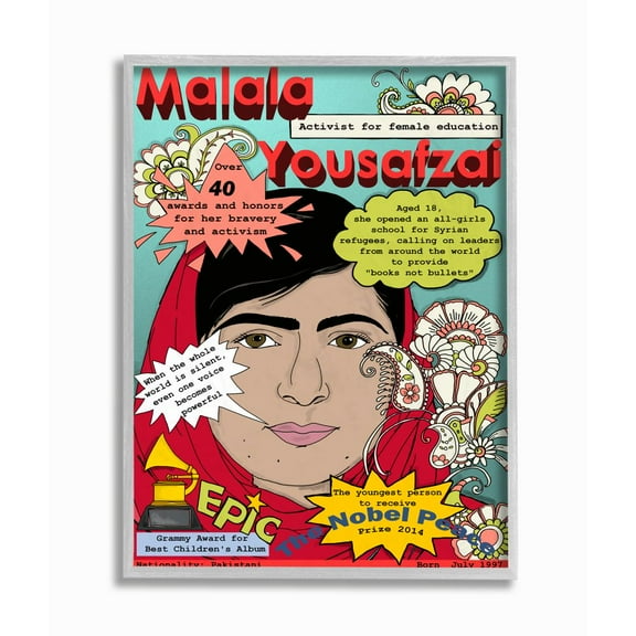 Stupell Industries Female Leaders Facts Malala Global Activist Icon Design Framed Wall Art Design by Sangita Bachelet, 16" x 20", Gray Framed