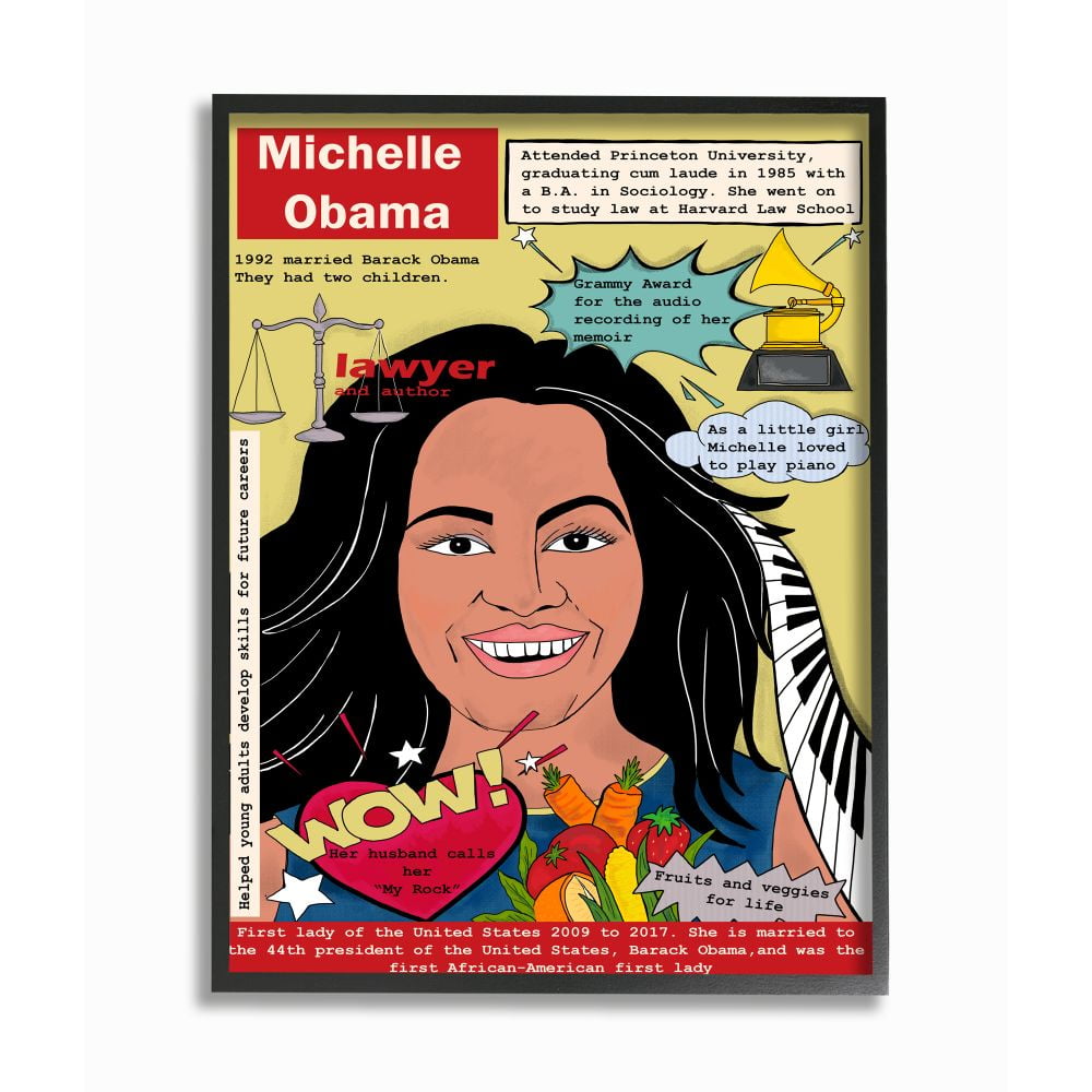 Stupell Industries Female Leaders Facts Michelle Obama Feminist Icon Design Framed Wall Art Design by Sangita Bachelet, 11" x 14", Black Framed
