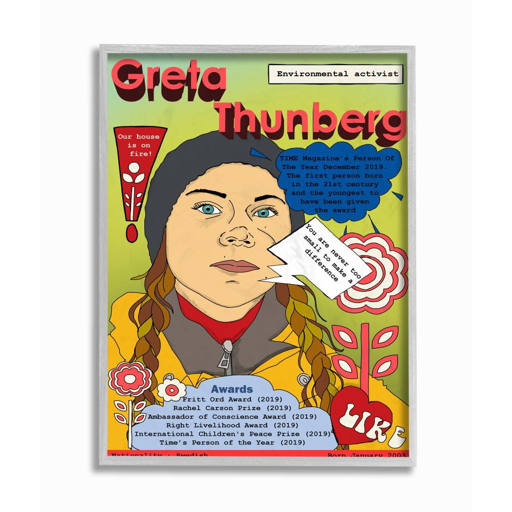 Stupell Industries Female Leaders Magazine Cover Greta Thornburg Facts Feminism Framed Wall Art Design by Sangita Bachelet, 16" x 20", Gray Framed