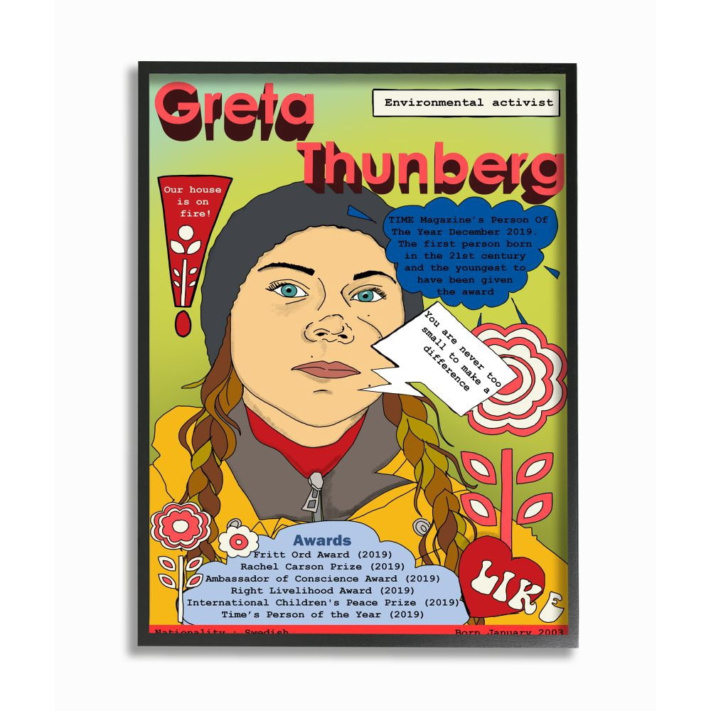 Stupell Industries Female Leaders Magazine Cover Greta Thornburg Facts Feminism Framed Wall Art Design by Sangita Bachelet, 24" x 30", Black Framed
