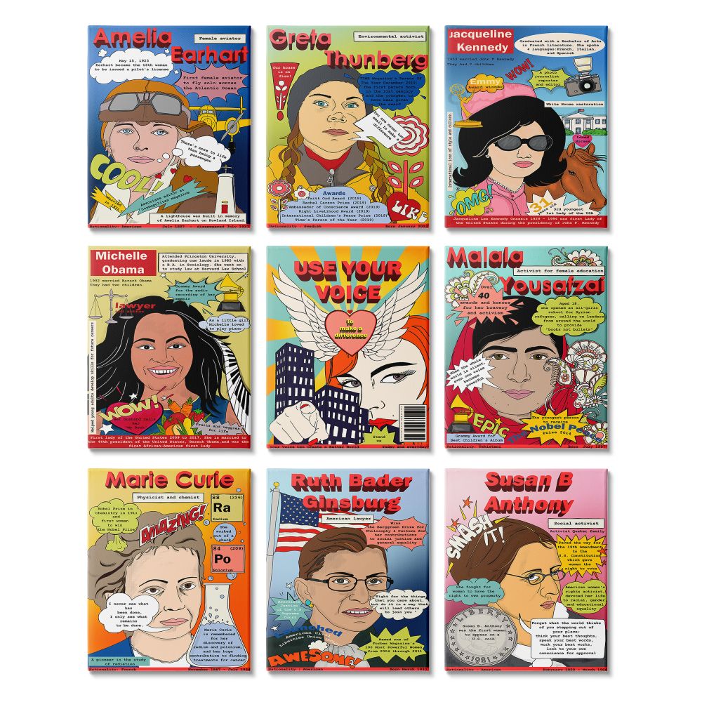 Stupell Industries Female Leaders Mock Magazine Cover Iconic Women Facts Canvas Wall Art Design by Sangita Bachelet, 9 Piece, 11" x 14"