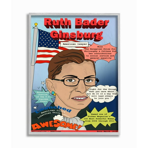Stupell Industries Female Leaders Ruth Bade Ginsburg Facts Magazine Cover Framed Wall Art Design by Sangita Bachelet, 16" x 20", Gray Framed