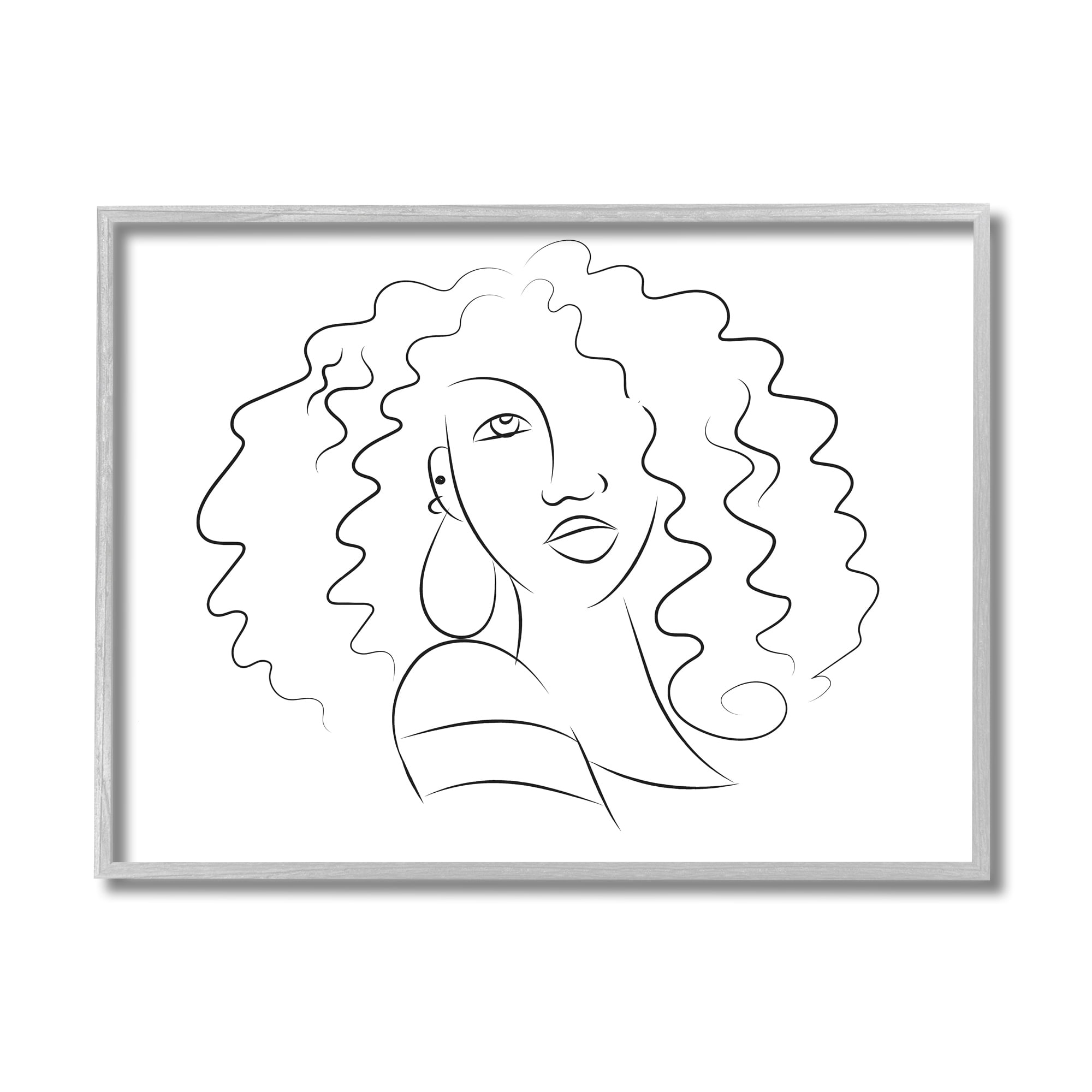 Stupell Industries Female Line Portrait Curly Hair Fashion Detail Beauty & Fashion Painting Gray Framed Art Print Wall Art, 16 x 20