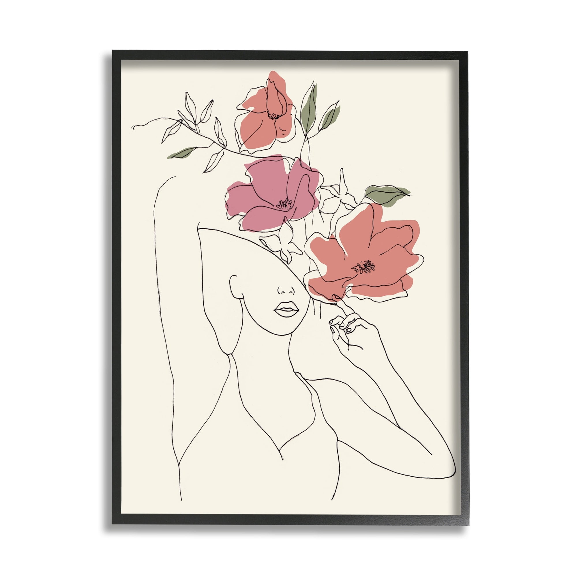 Stupell Industries Female Linework Portrait Blooming Floral Sketch Black Framed by Melissa Wang