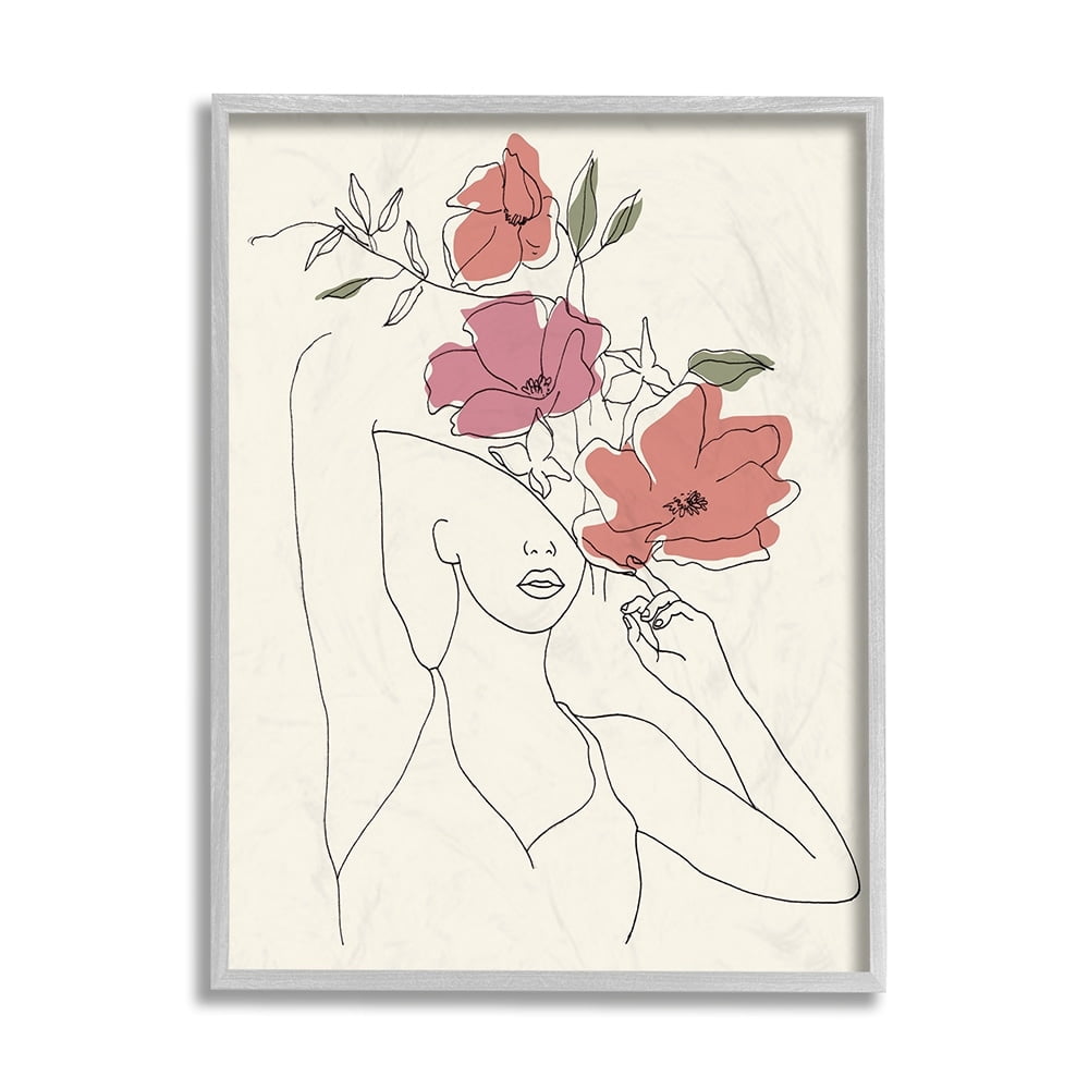 Stupell Industries Female Linework Portrait Blooming Floral Sketch Gray Framed by Melissa Wang