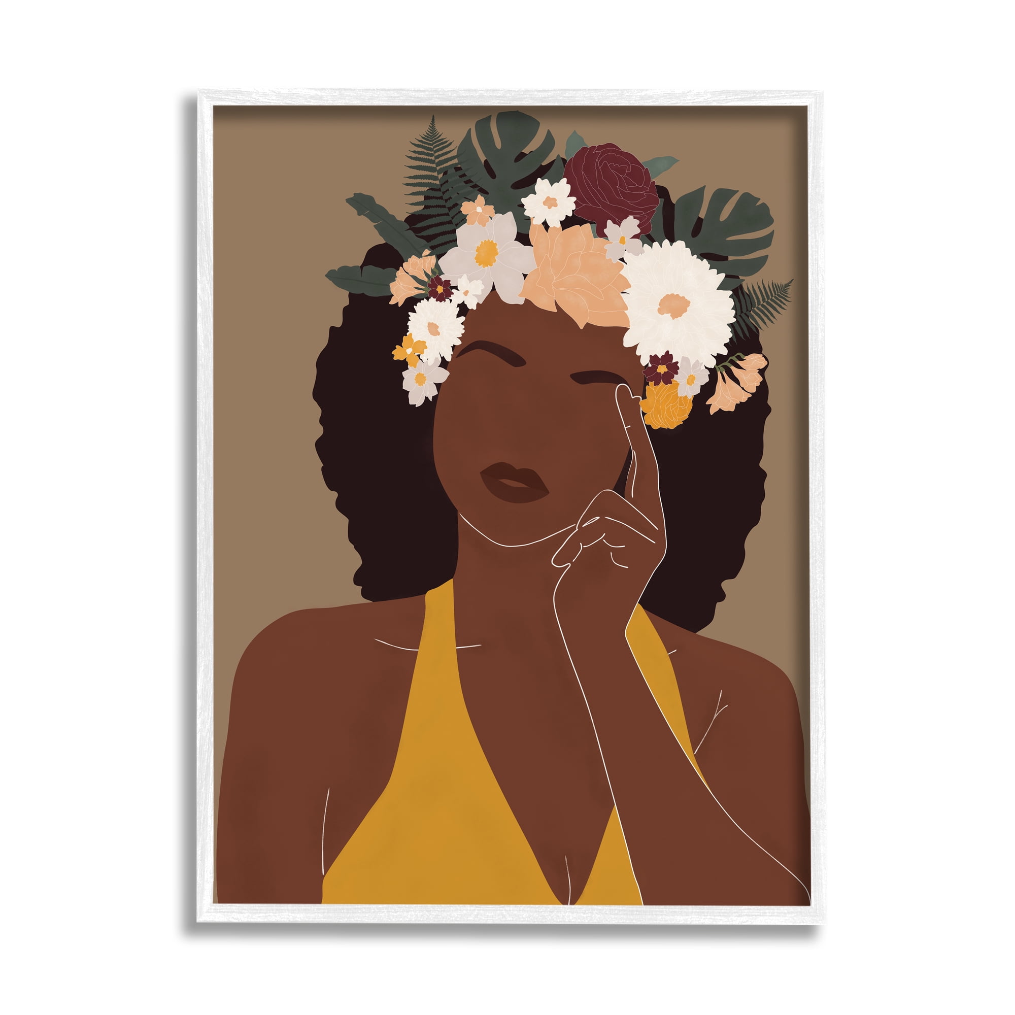 Stupell Industries Female Pondering Tropical Floral Crown Monstera Leaf Graphic Art White Framed Art Print Wall Art, 11x14, by JJ Design House LLC