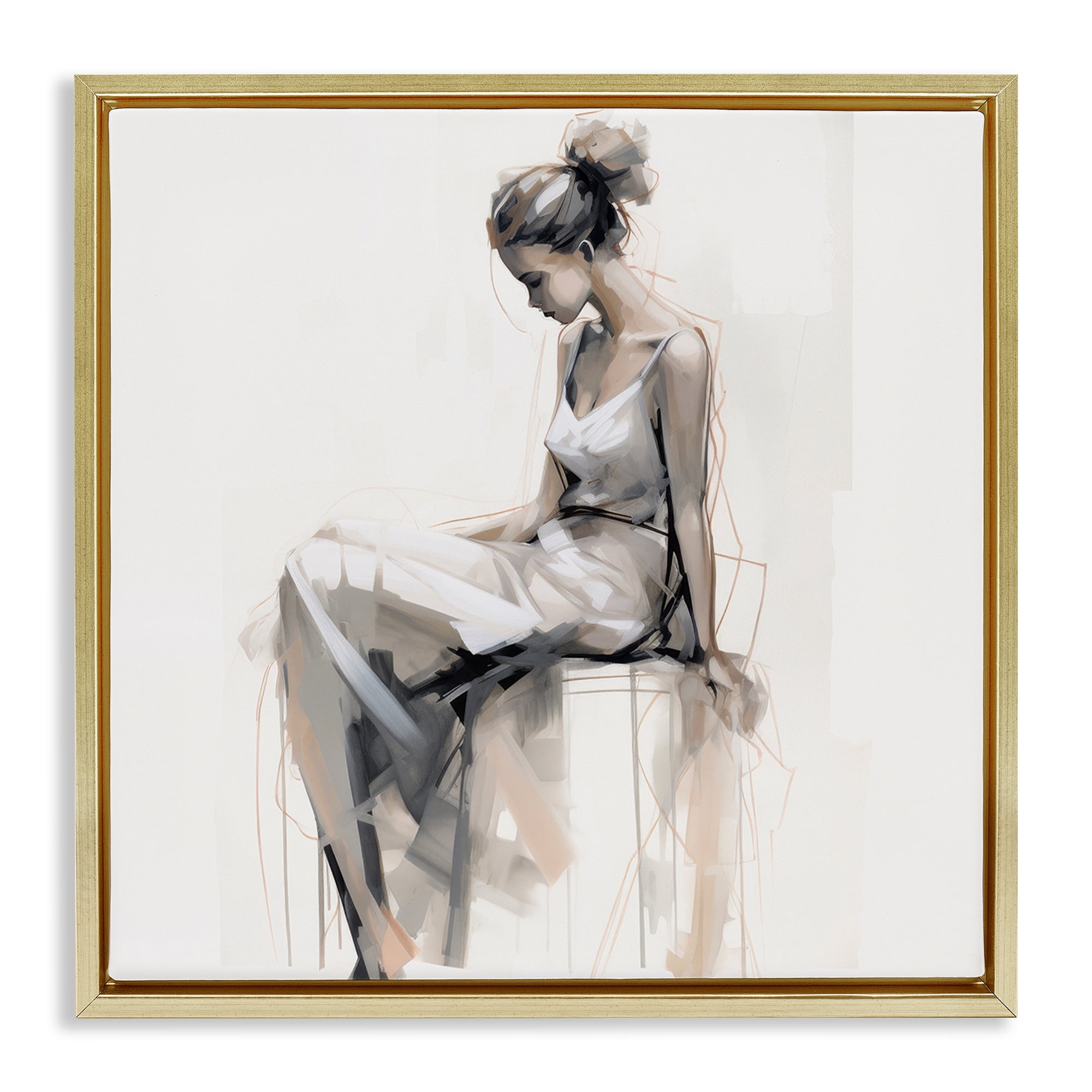 Stupell Industries Female Portrait Impression People Painting Gold Floater Framed Canvas Art Print Wall Art, 18 x 18