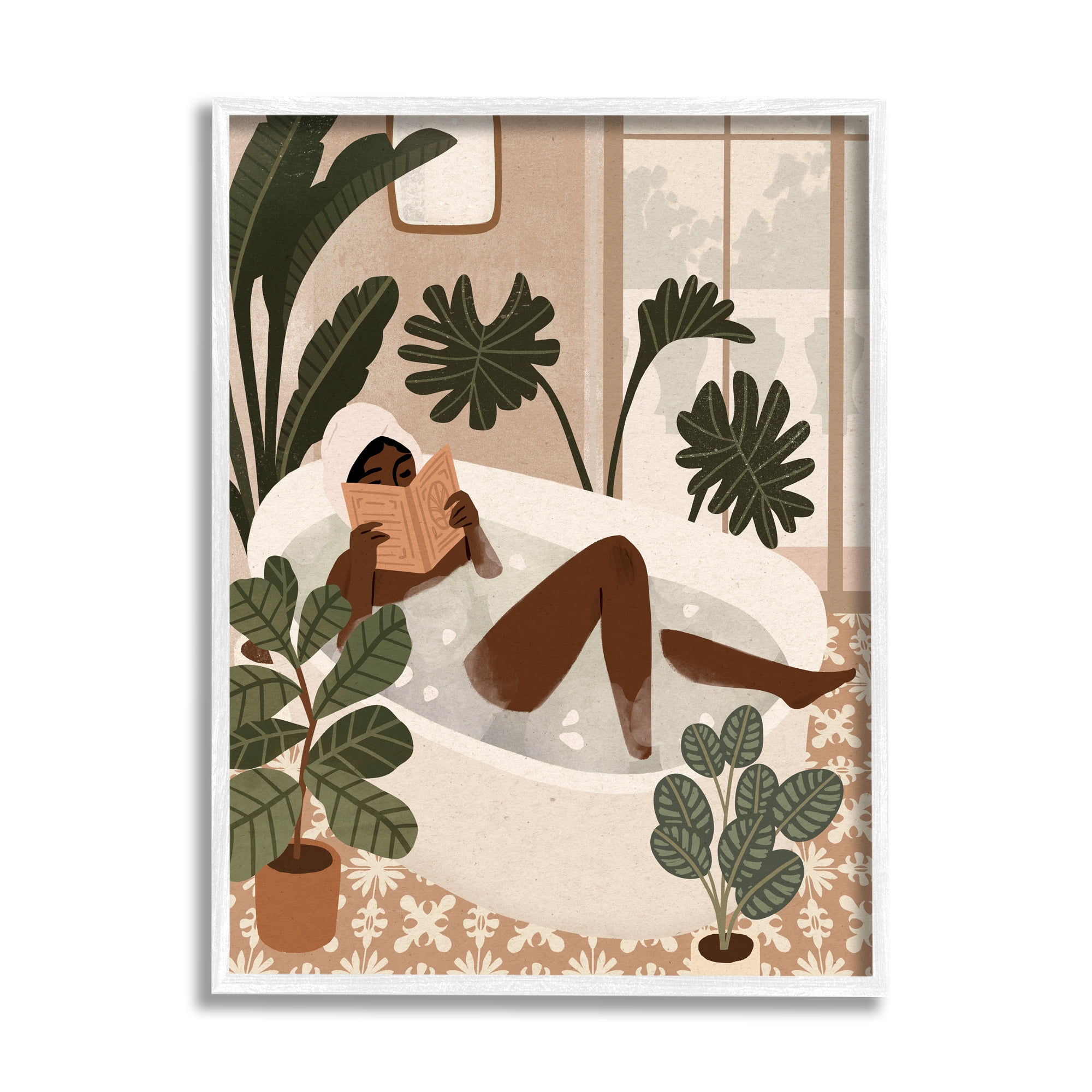 Stupell Industries Female Reading in Bath Tropical Palm Plants, 24 x 30,Design by Victoria Barnes