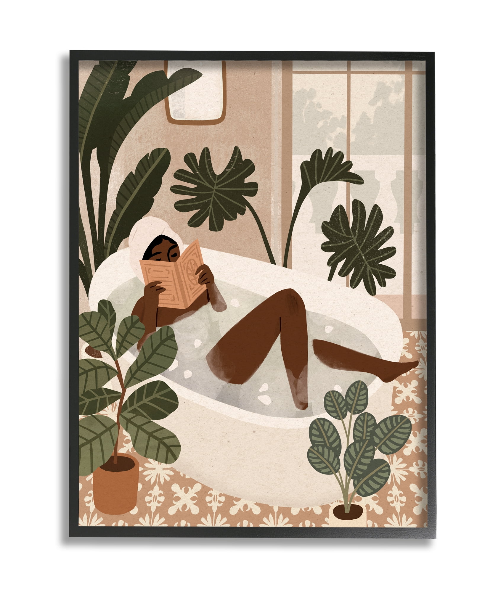Stupell Industries Female Reading in Bath Tropical Palm Plants Black Framed, 24 x 30, Design by Victoria Barnes