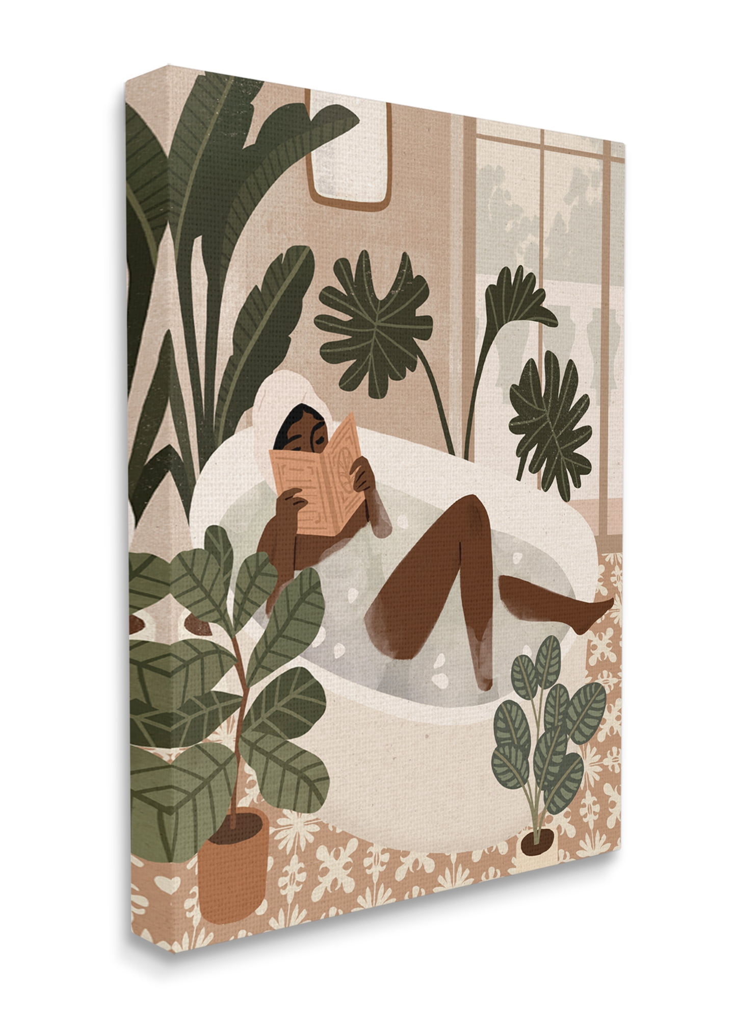 Female Reading in Bath Tropical Palm Plants Canvas Wall Art, 16 x 20