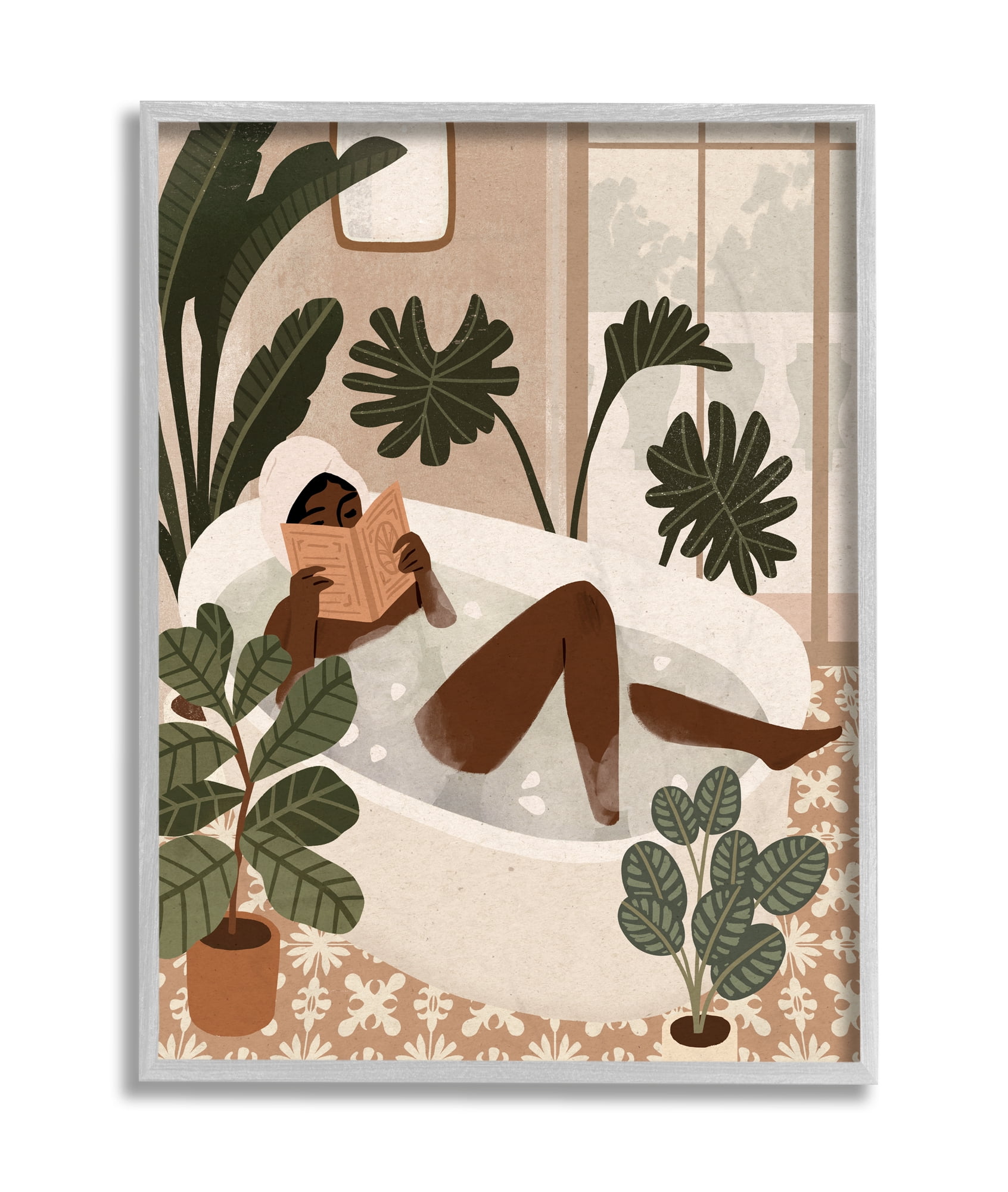Stupell Industries Female Reading in Bath Tropical Palm Plants Grey Framed, 16 x 20, Design by Victoria Barnes