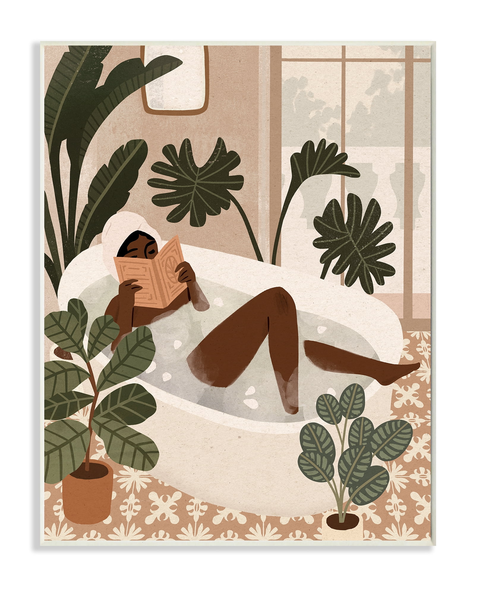 Stupell Industries Female Reading in Bath Tropical Palm Plants Wall Plaque, 10 x 15, Design by Victoria Barnes