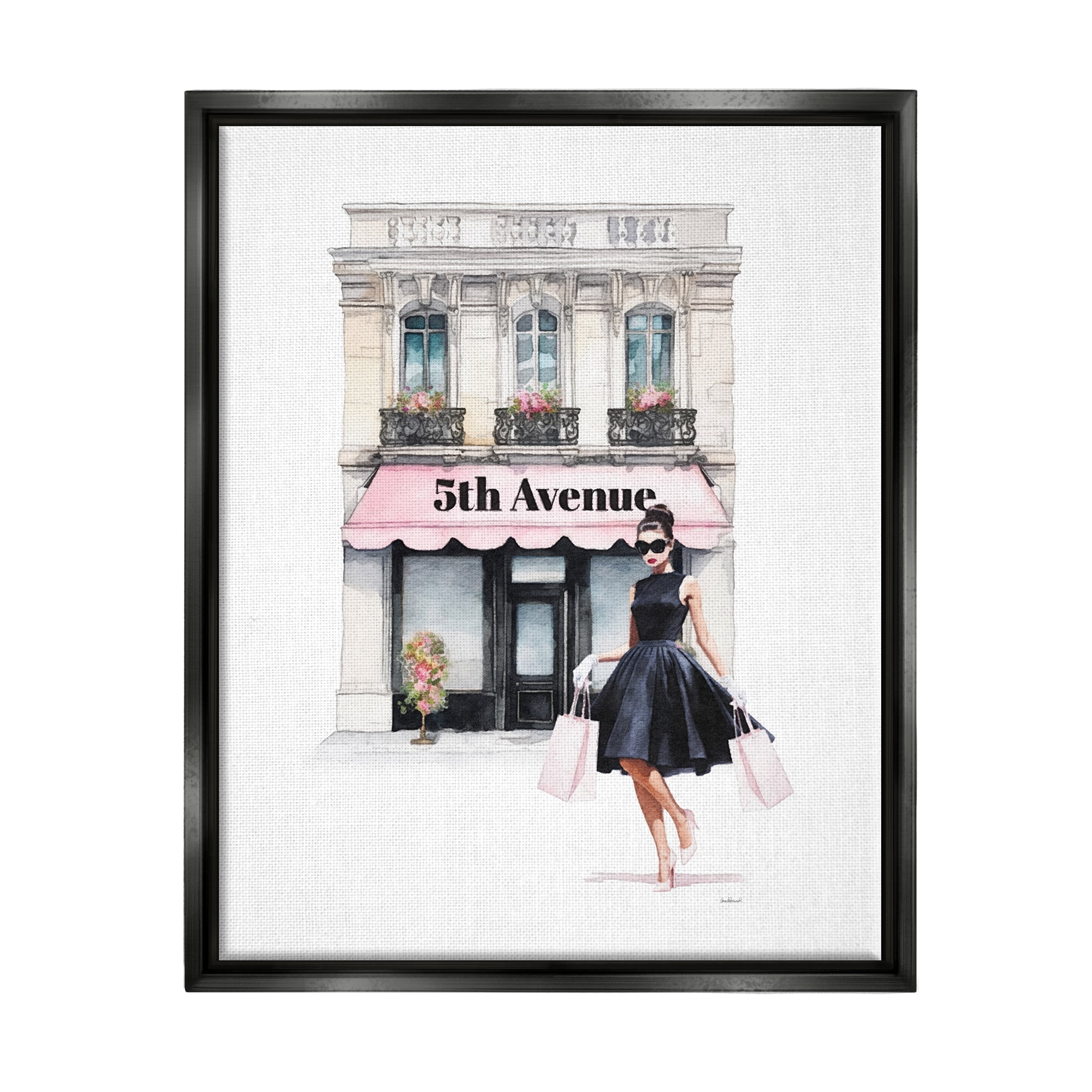 Stupell Industries Female Shopping Architecture Beauty & Fashion Painting Black Floater Framed Canvas Art Print Wall Art, 25 x 31