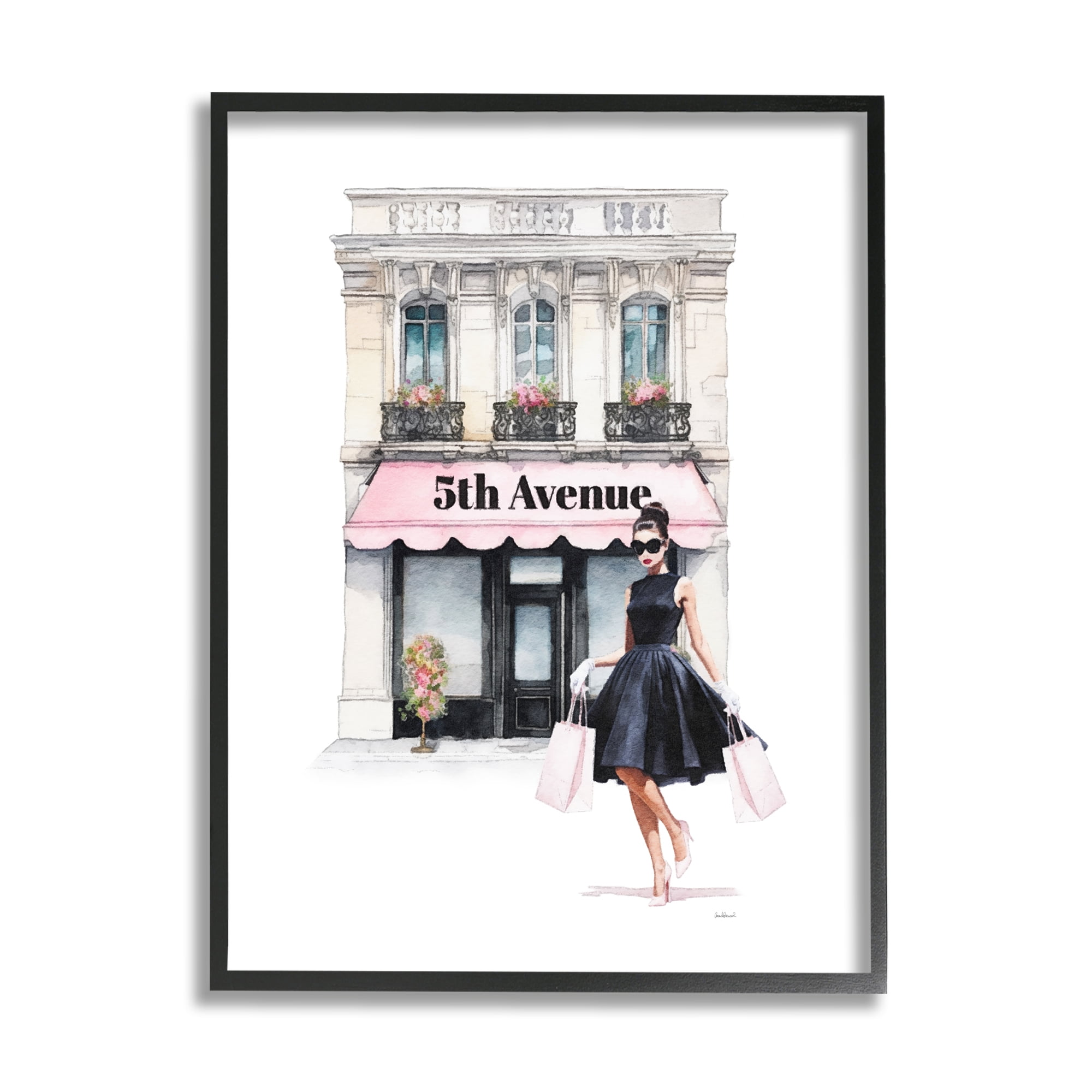 Stupell Industries Female Shopping Architecture Beauty & Fashion Painting Black Framed Art Print Wall Art, 24 x 30
