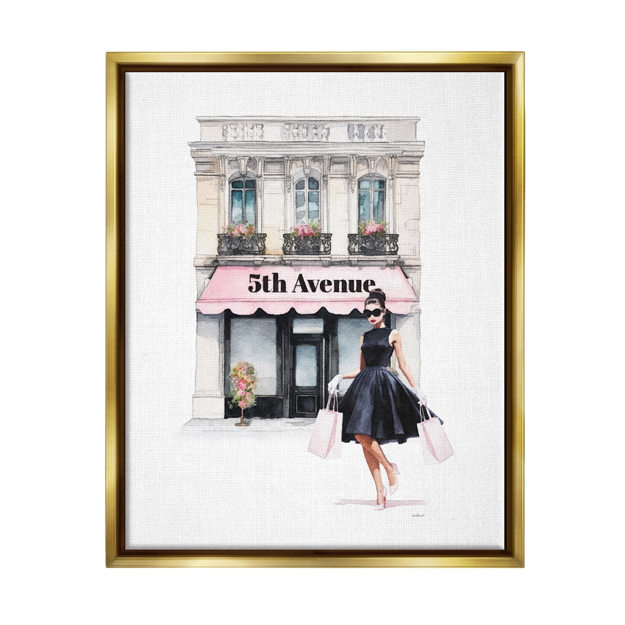 Stupell Industries Female Shopping Architecture Beauty & Fashion Painting Gold Floater Framed Canvas Art Print Wall Art, 25 x 31