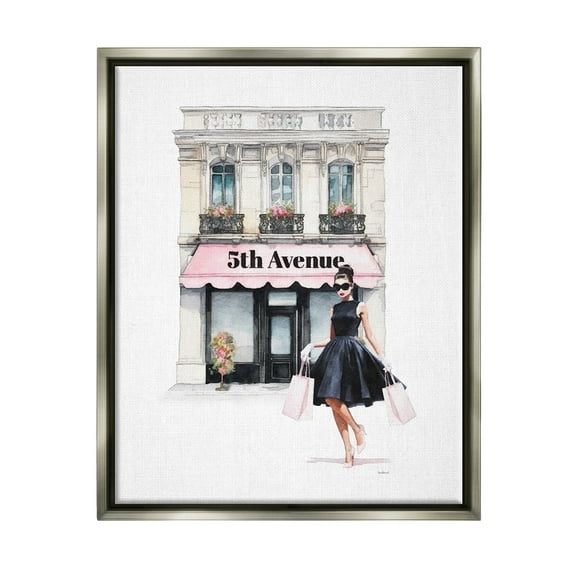 Stupell Industries Female Shopping Architecture Beauty & Fashion Painting Gray Floater Framed Canvas Art Print Wall Art, 17 x 21