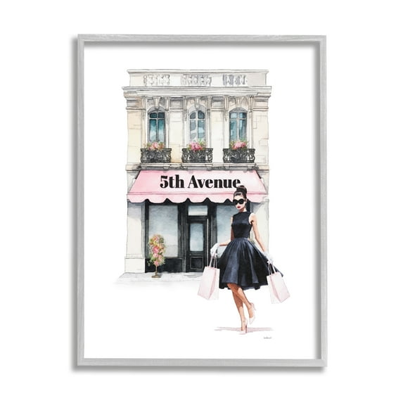 Stupell Industries Female Shopping Architecture Beauty & Fashion Painting Gray Framed Art Print Wall Art, 11 x 14