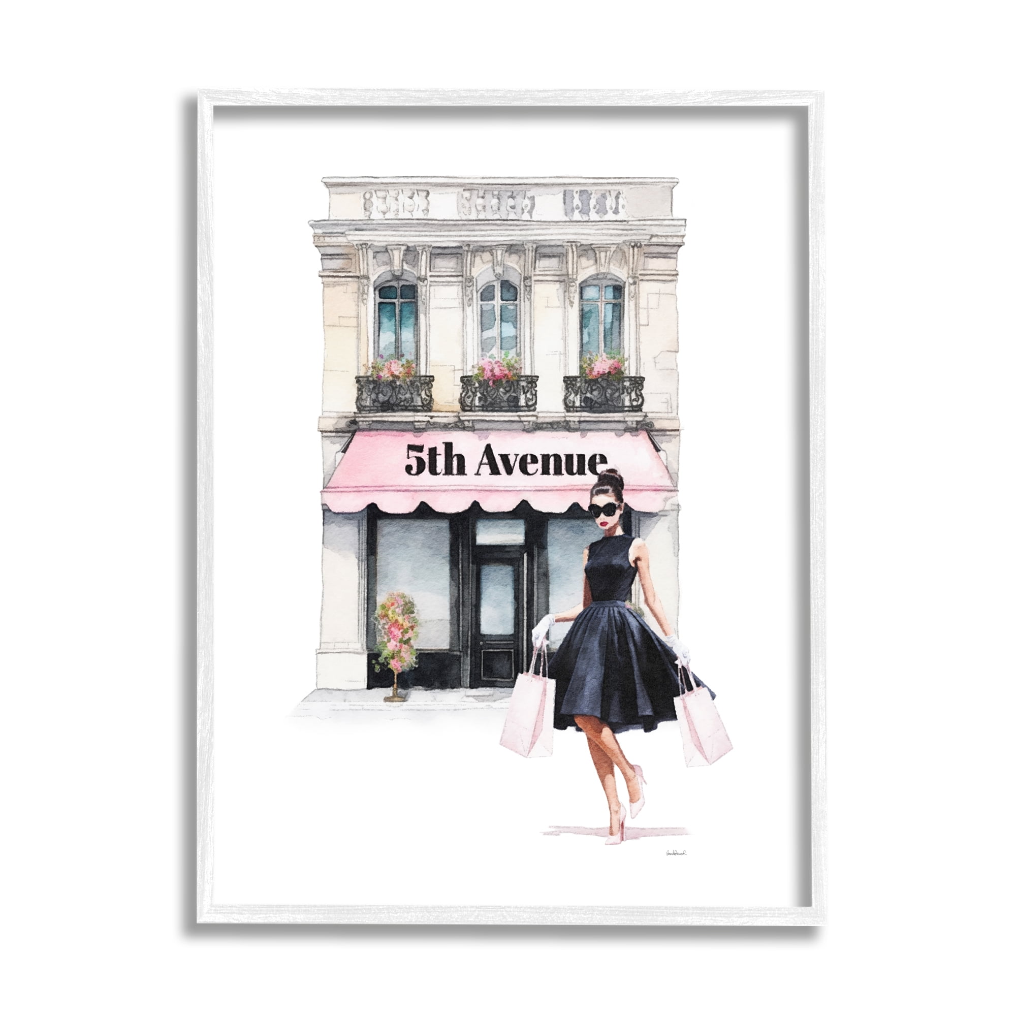 Stupell Industries Female Shopping Architecture Beauty & Fashion Painting White Framed Art Print Wall Art, 11 x 14