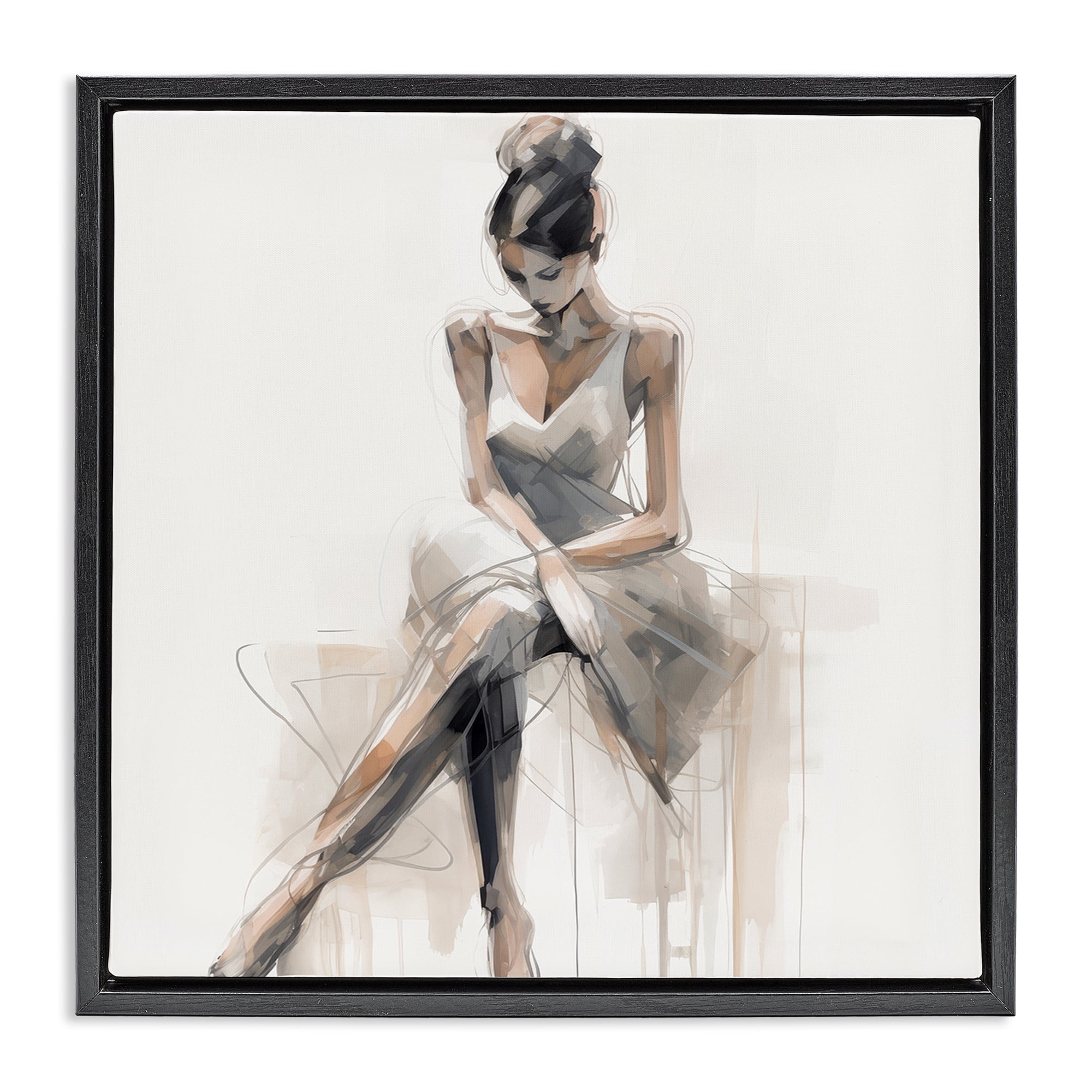 Stupell Industries Female Sitting Portrait People Painting Black Floater Framed Canvas Art Print Wall Art, 25 x 25