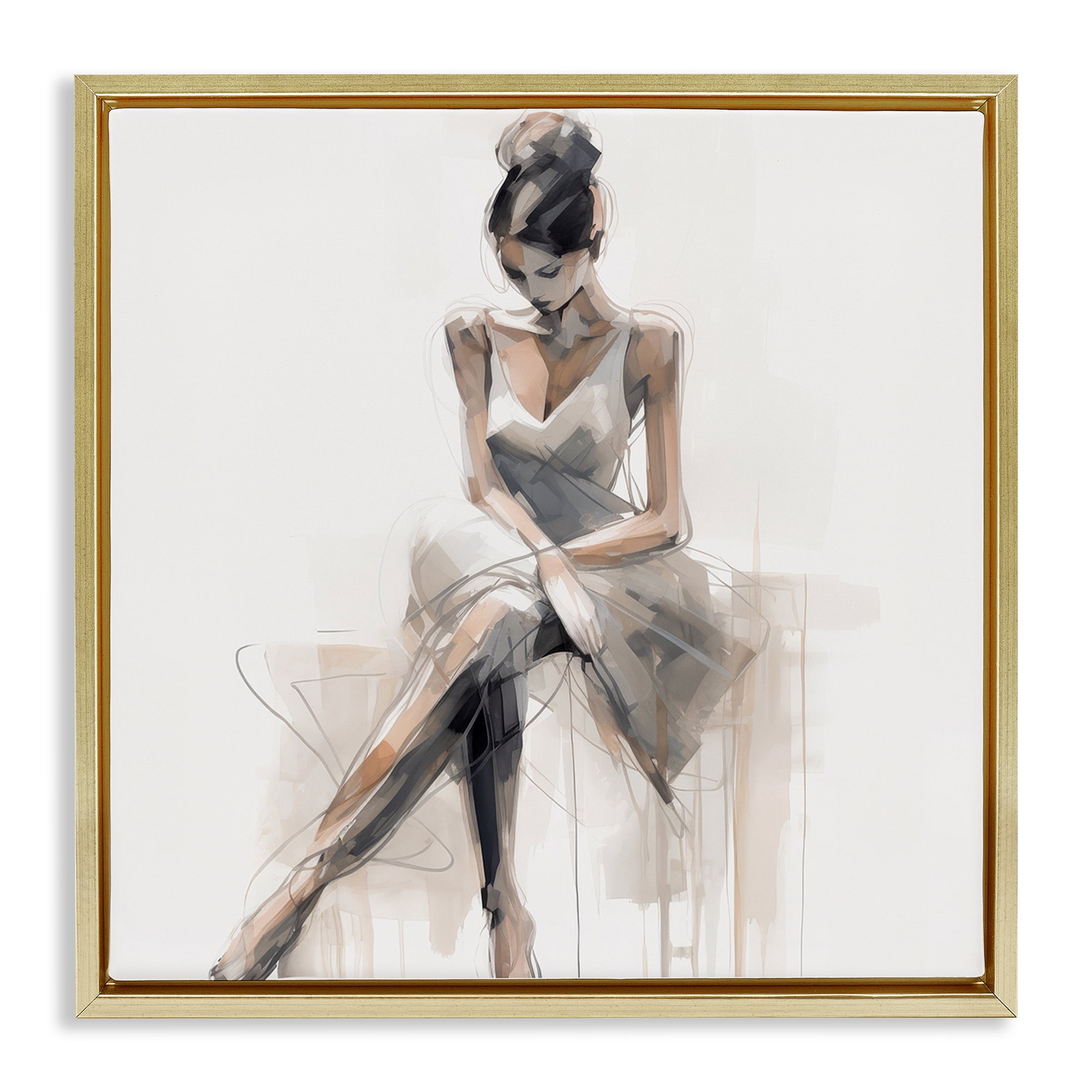 Stupell Industries Female Sitting Portrait People Painting Gold Floater Framed Canvas Art Print Wall Art, 25 x 25